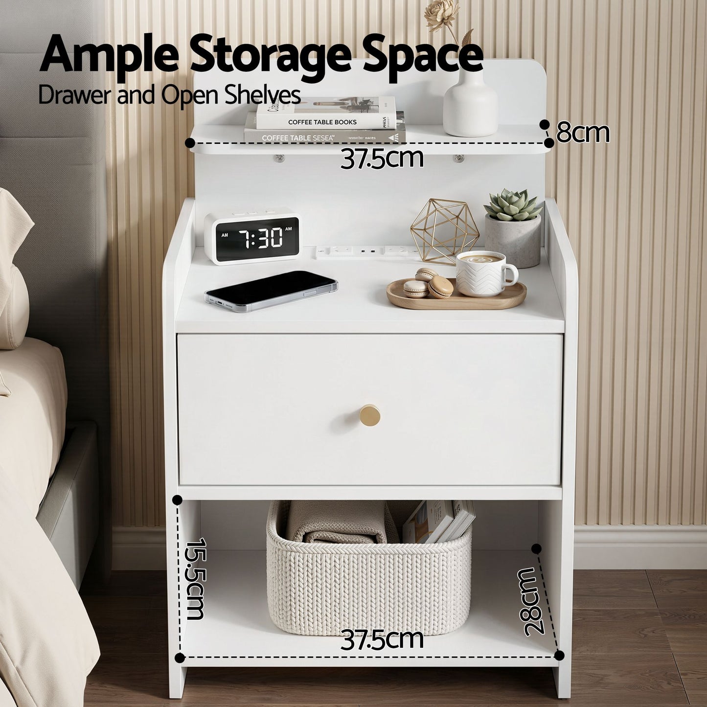 Terra Bedside Tables Drawer Charging Station - White