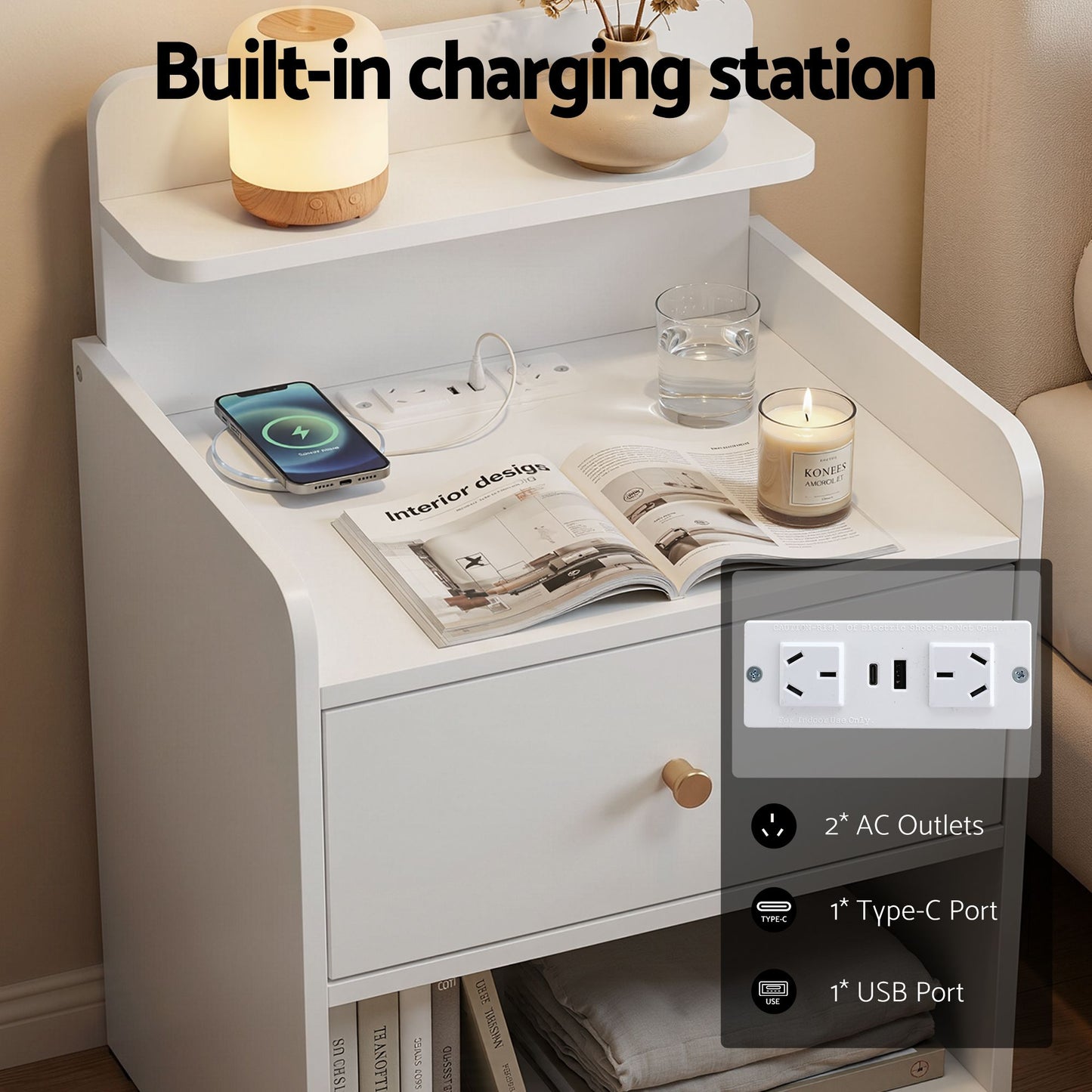 Terra Bedside Tables Drawer Charging Station - White