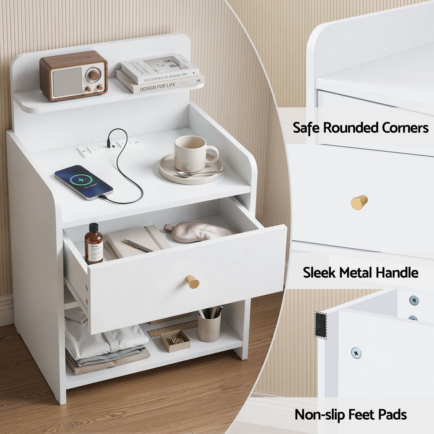Terra Bedside Tables Drawer Charging Station - White