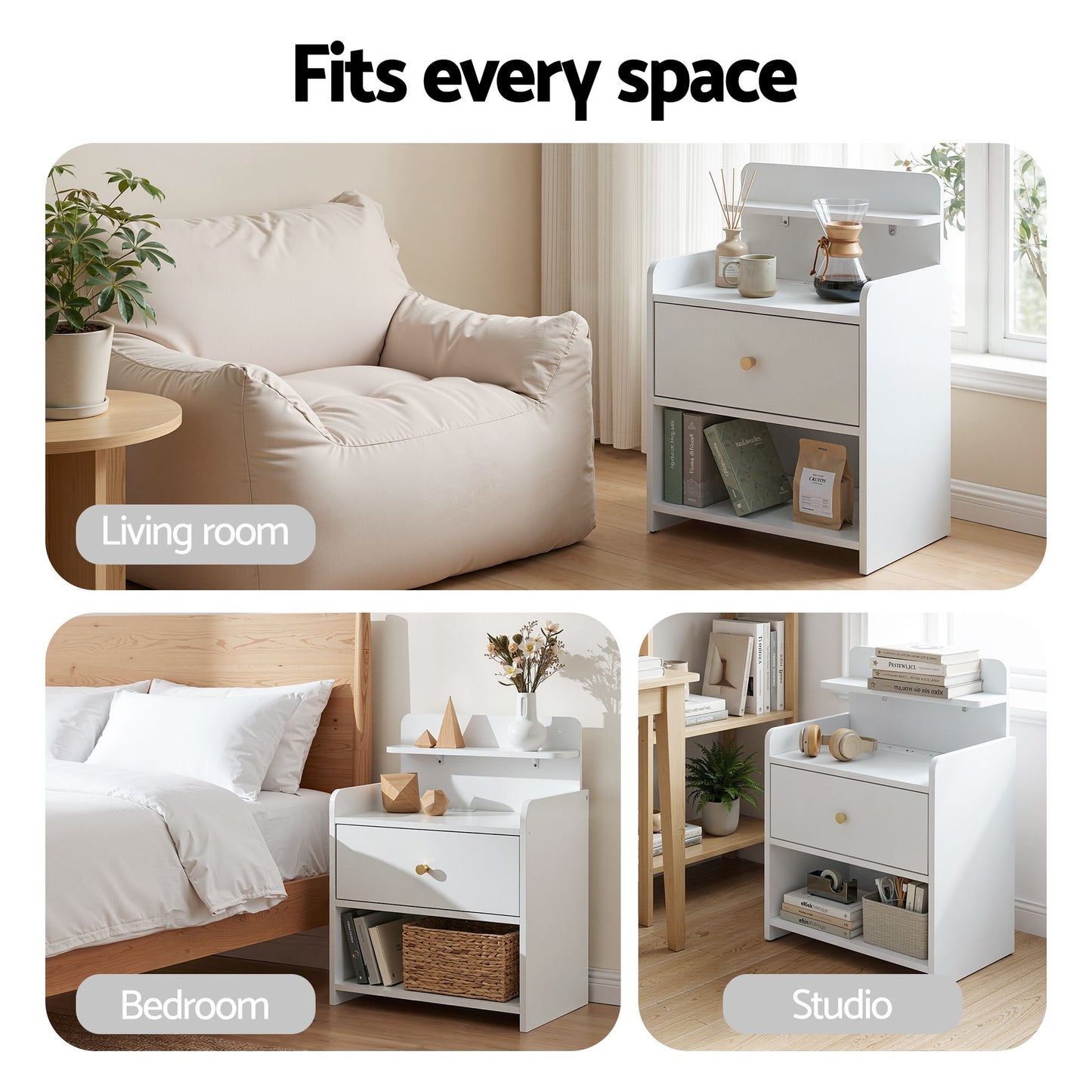 Terra Bedside Tables Drawer Charging Station - White