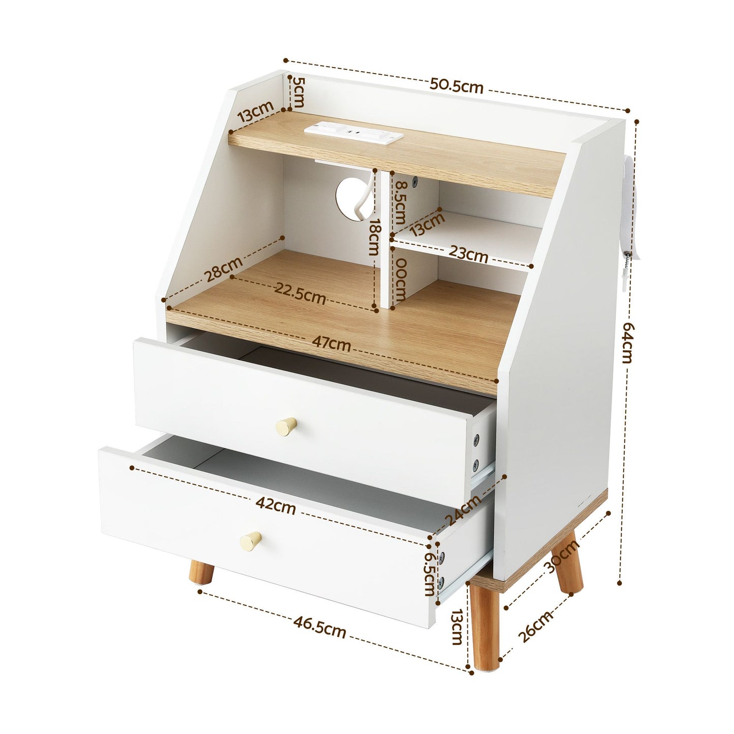 Terra Bedside Tables Charging Station with 2 Drawers - White and Pine
