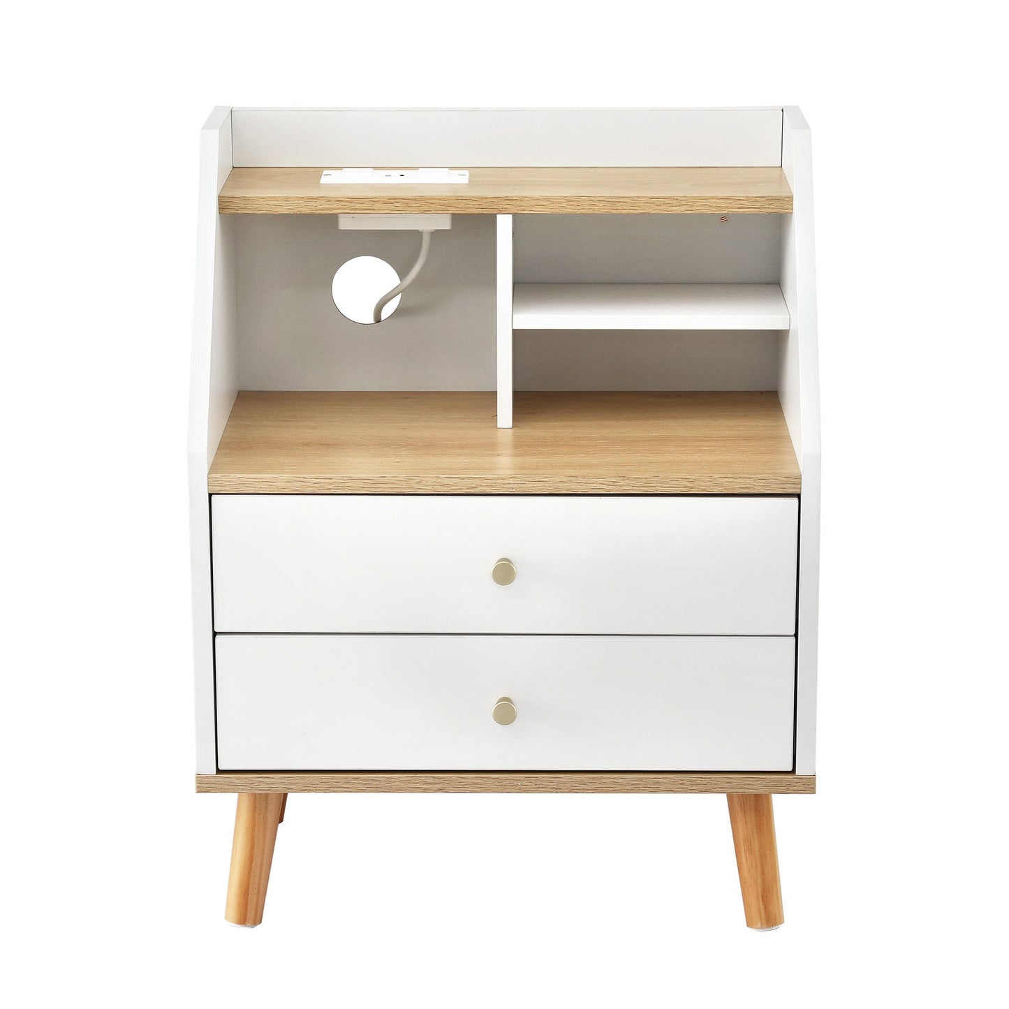 Terra Bedside Tables Charging Station with 2 Drawers - White and Pine