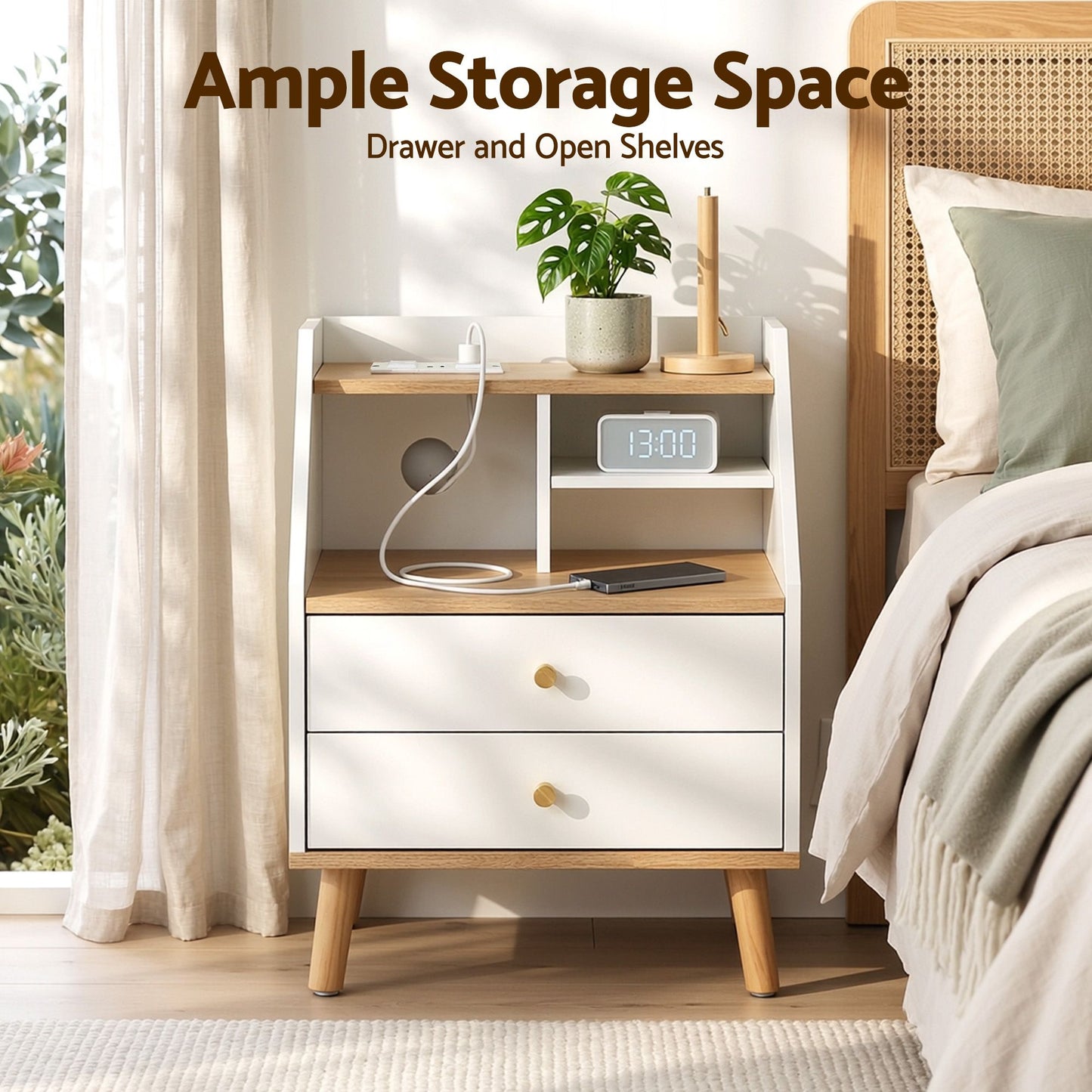 Terra Bedside Tables Charging Station with 2 Drawers - White and Pine