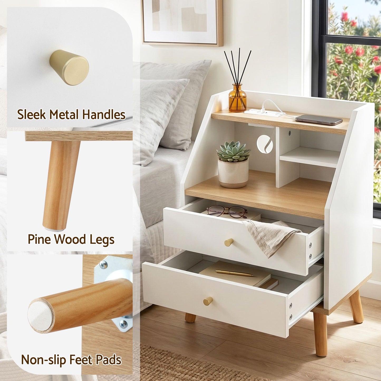 Terra Bedside Tables Charging Station with 2 Drawers - White and Pine
