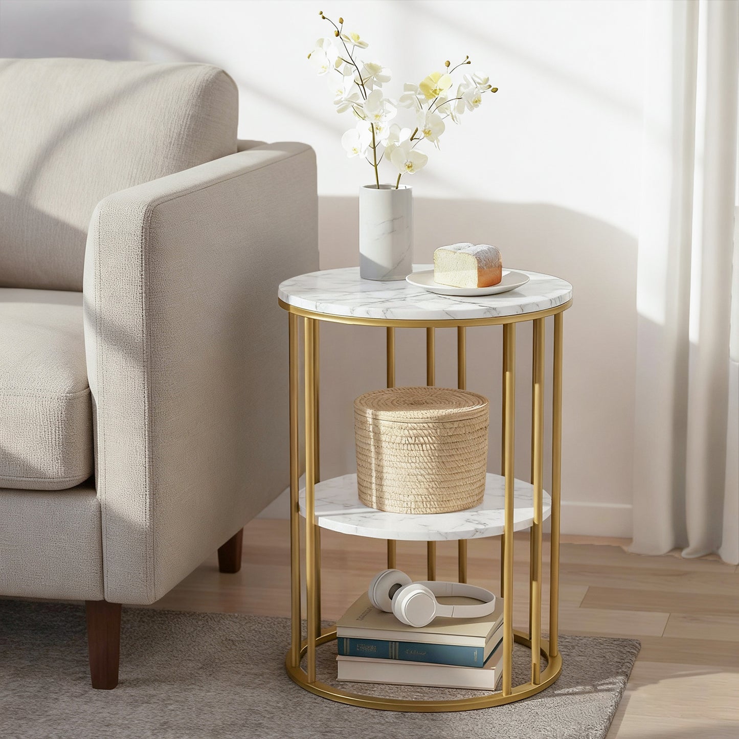 Iria Coffee Table 2-Tier Round Marble Effect White&Gold