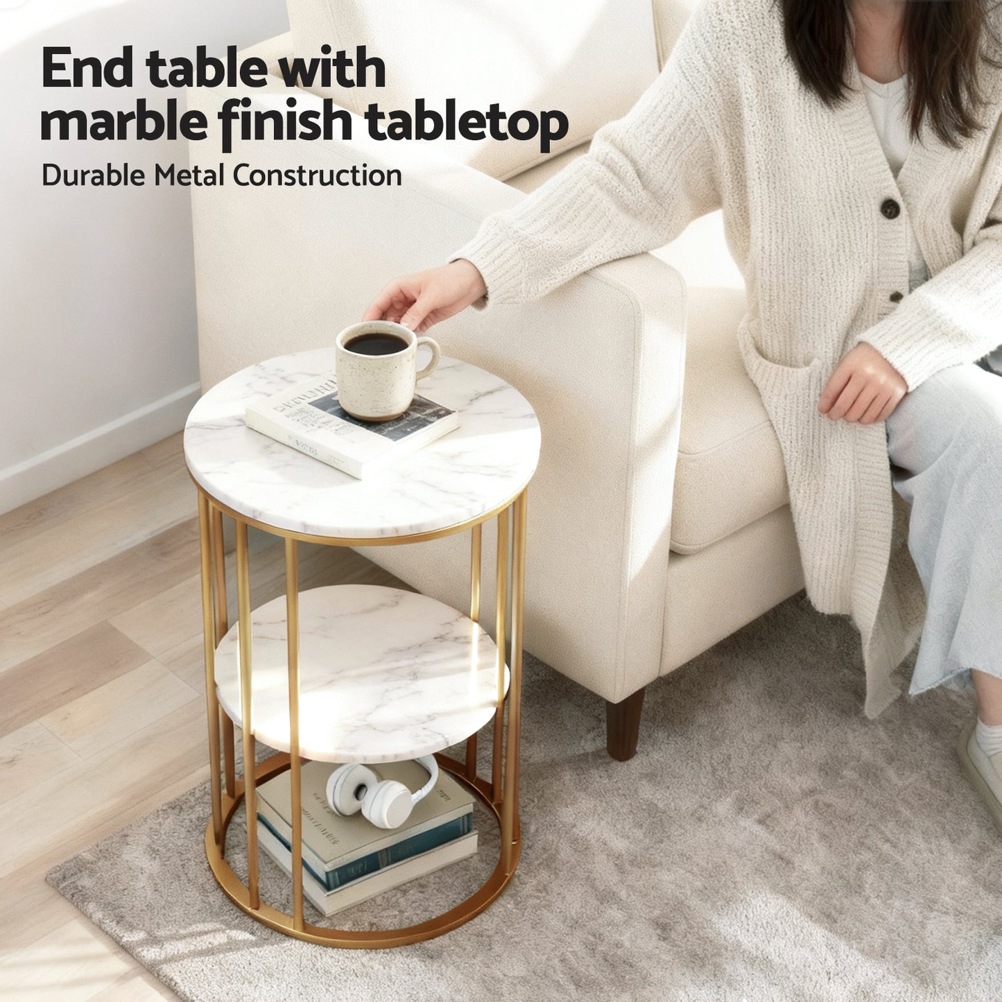 Iria Coffee Table 2-Tier Round Marble Effect White&Gold