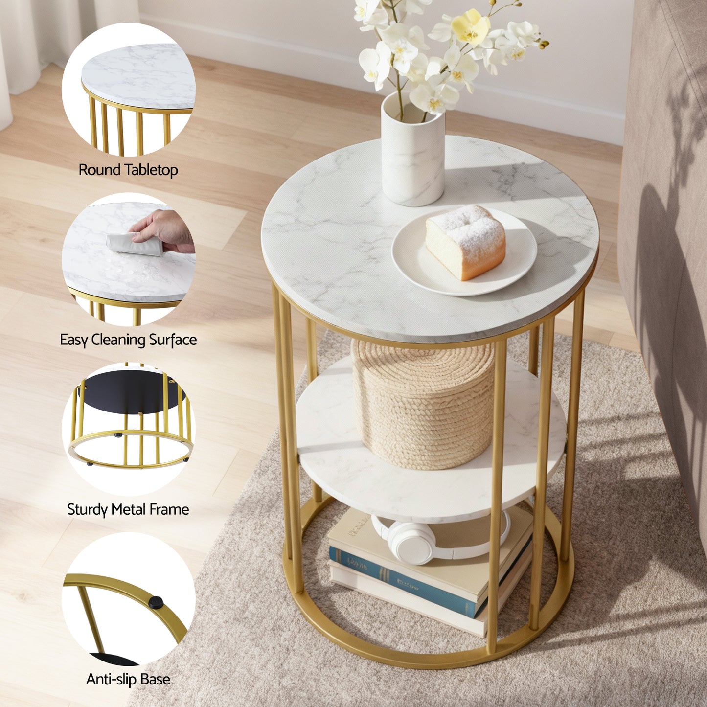 Iria Coffee Table 2-Tier Round Marble Effect White&Gold