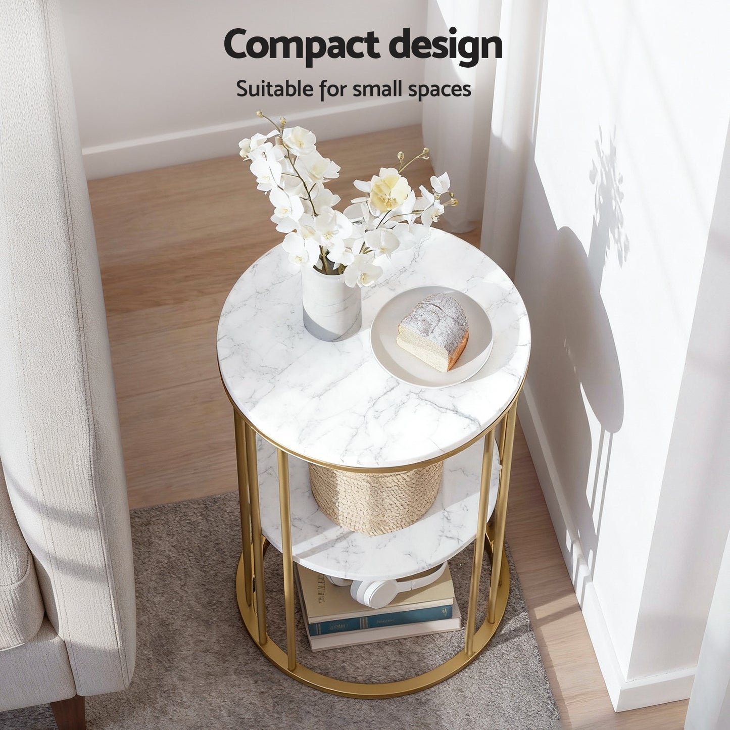 Iria Coffee Table 2-Tier Round Marble Effect White&Gold