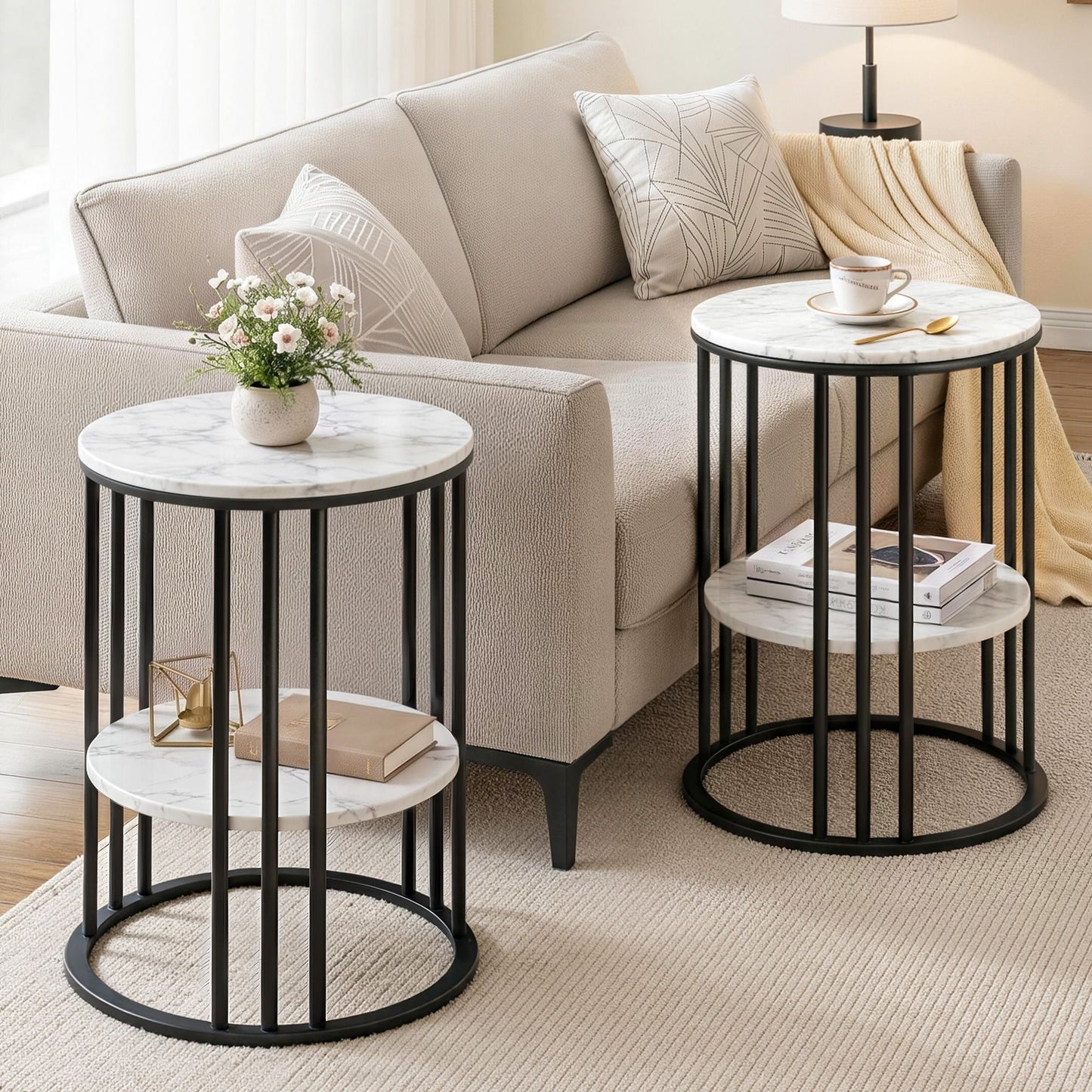 Iphigenia Set of 2 Side Table Coffee Table 2-Tier Round Marble Effect