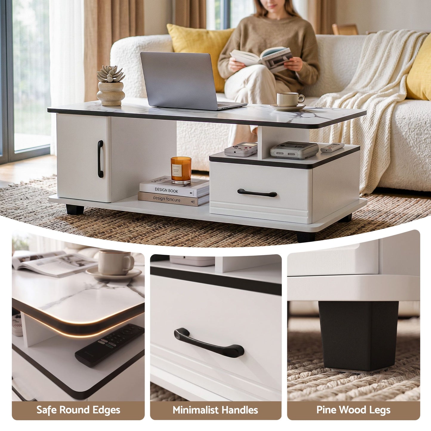 Iobas Coffee Table Marble Finish Center Table - White
