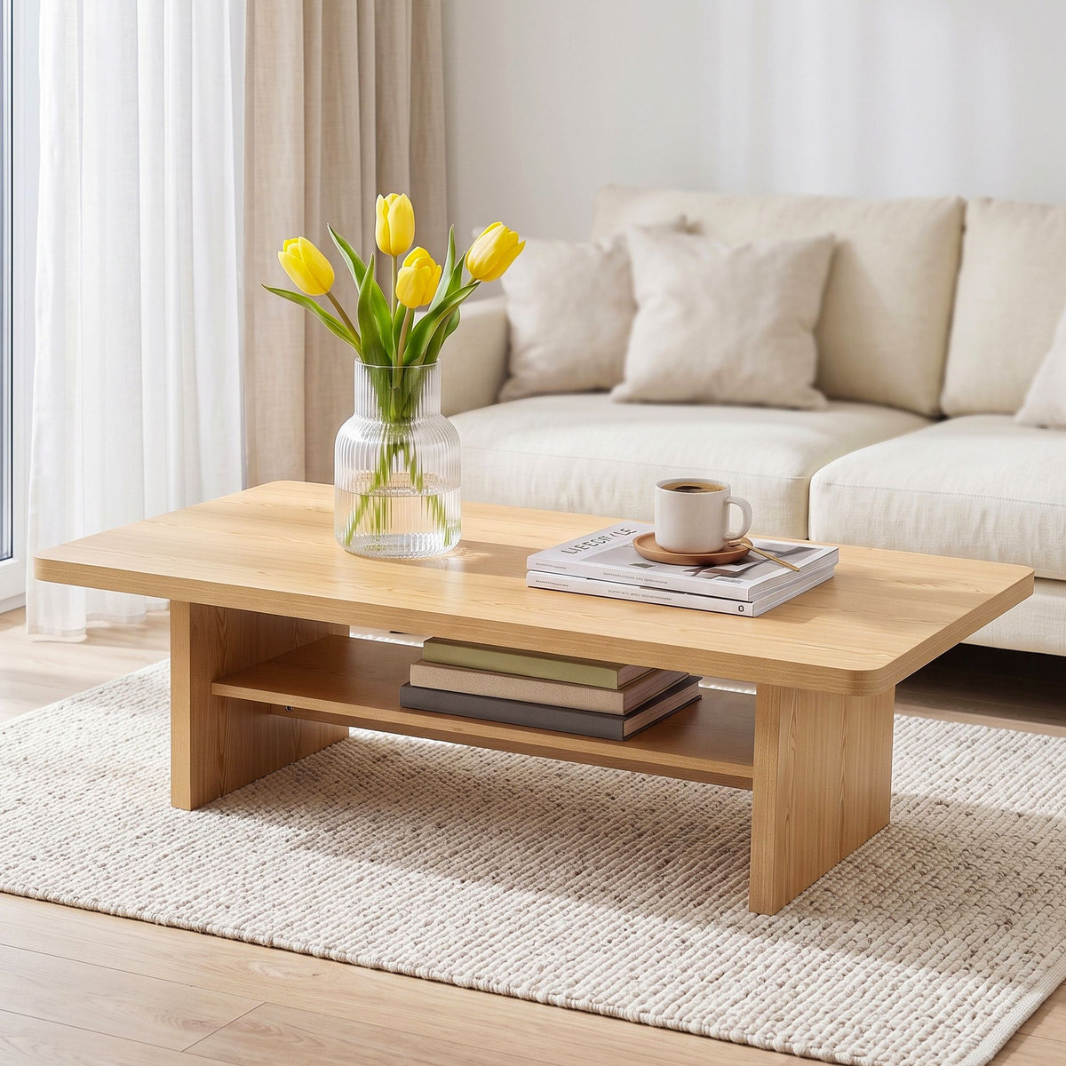Ilina Coffee Table 110cm Center Table with 2-Tier Open Storage Shelf - Wood