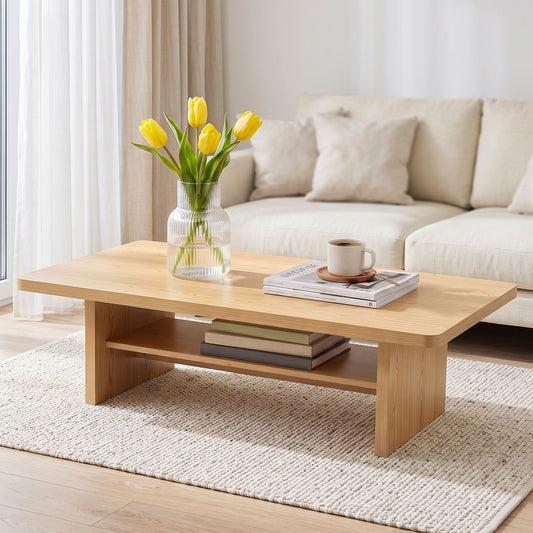 Ilina Coffee Table 110cm Center Table with 2-Tier Open Storage Shelf - Wood
