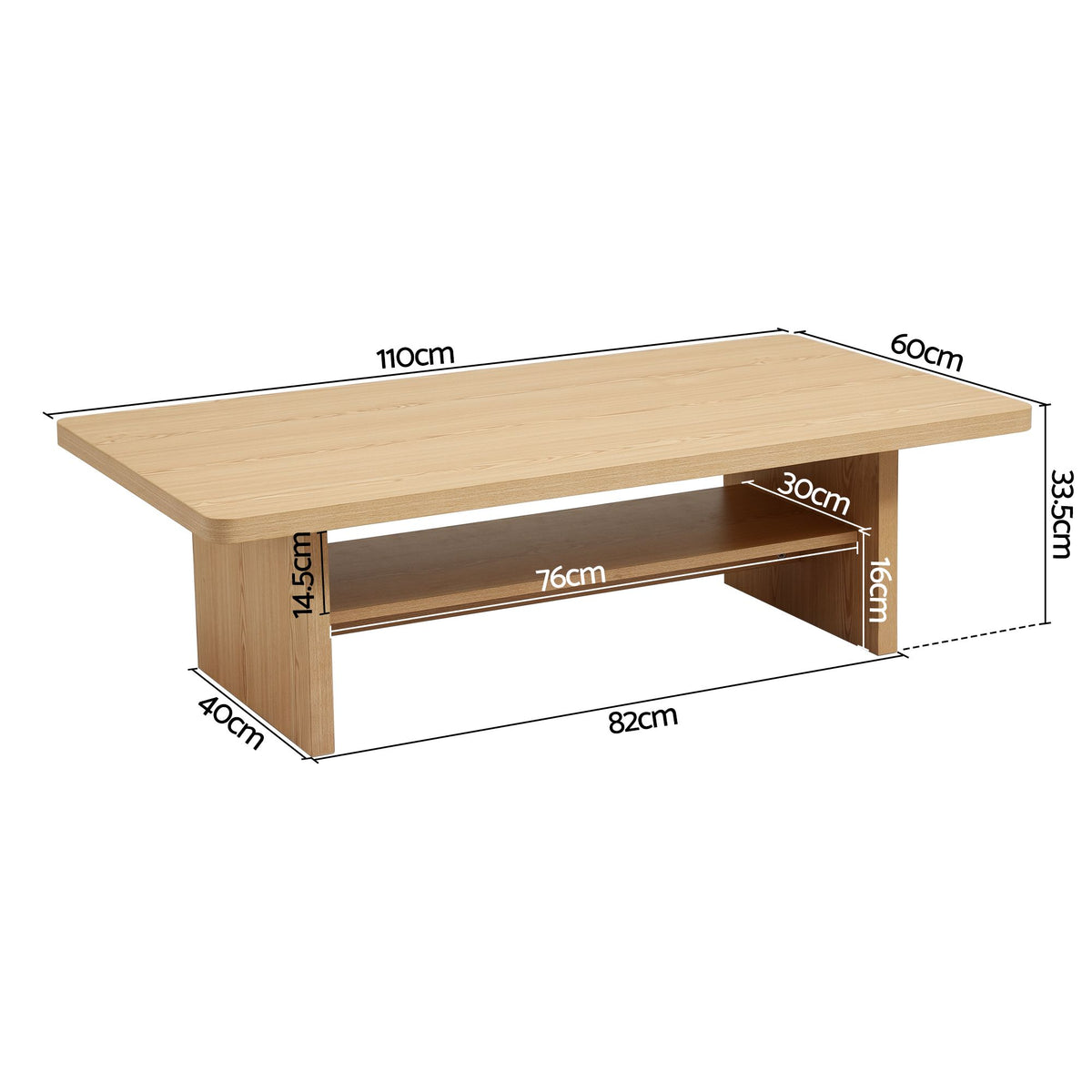 Ilina Coffee Table 110cm Center Table with 2-Tier Open Storage Shelf - Wood