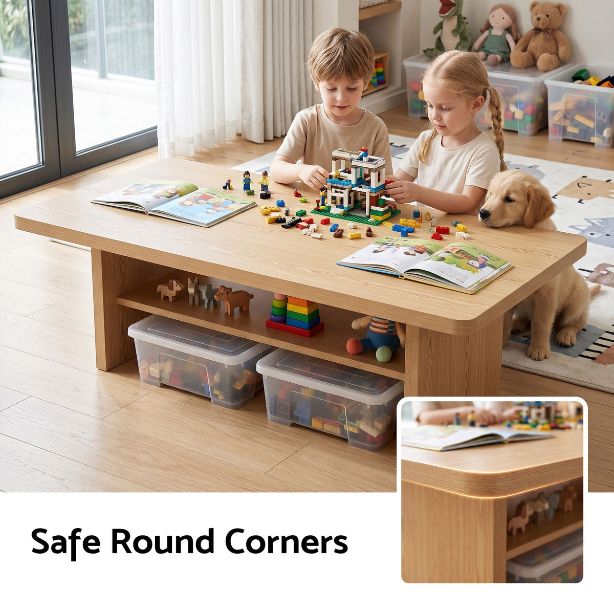 Ilina Coffee Table 110cm Center Table with 2-Tier Open Storage Shelf - Wood