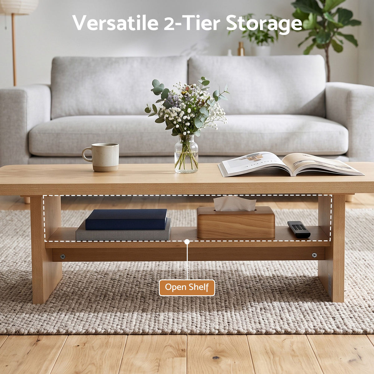 Ilina Coffee Table 110cm Center Table with 2-Tier Open Storage Shelf - Wood