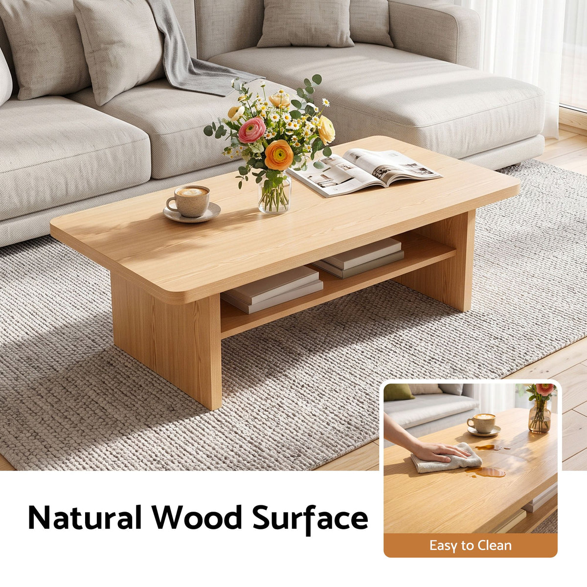 Ilina Coffee Table 110cm Center Table with 2-Tier Open Storage Shelf - Wood