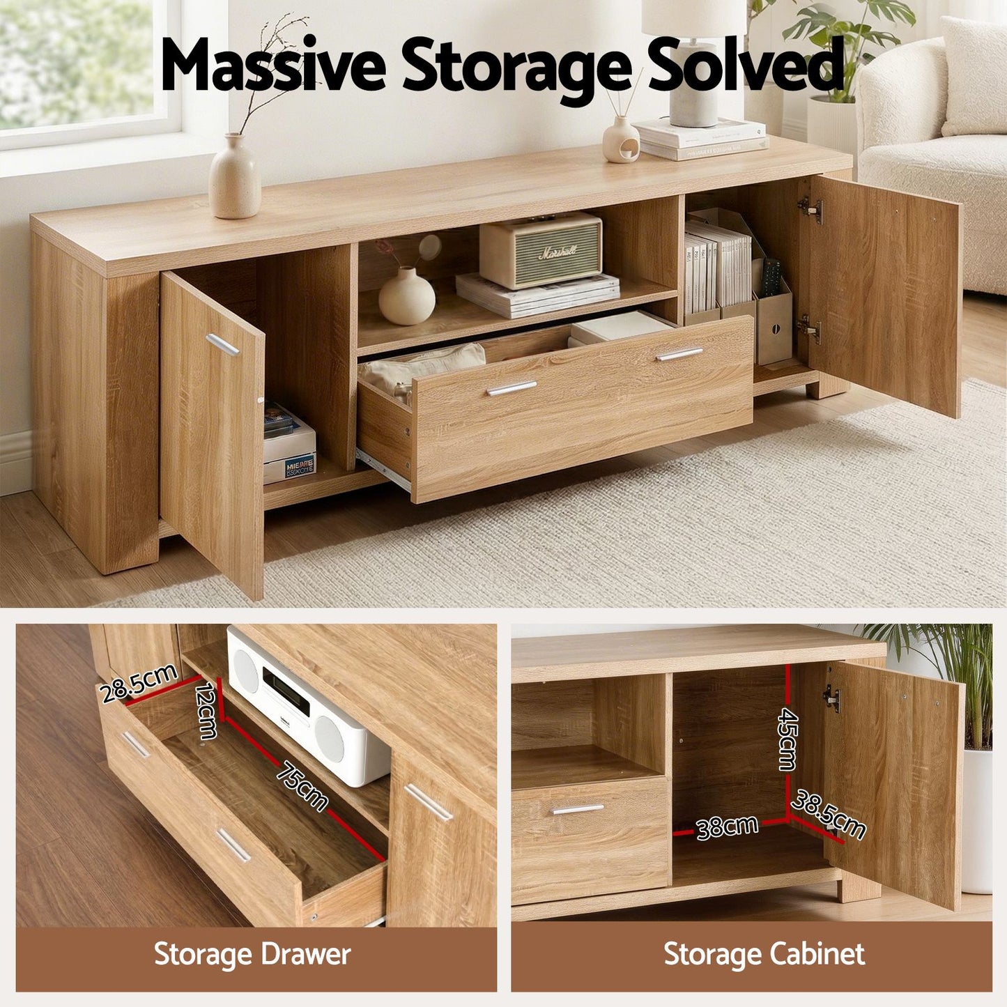 Rafferty 180cm 180cm TV Unit Entertainment Unit Storage Drawer Cabinet - Pine