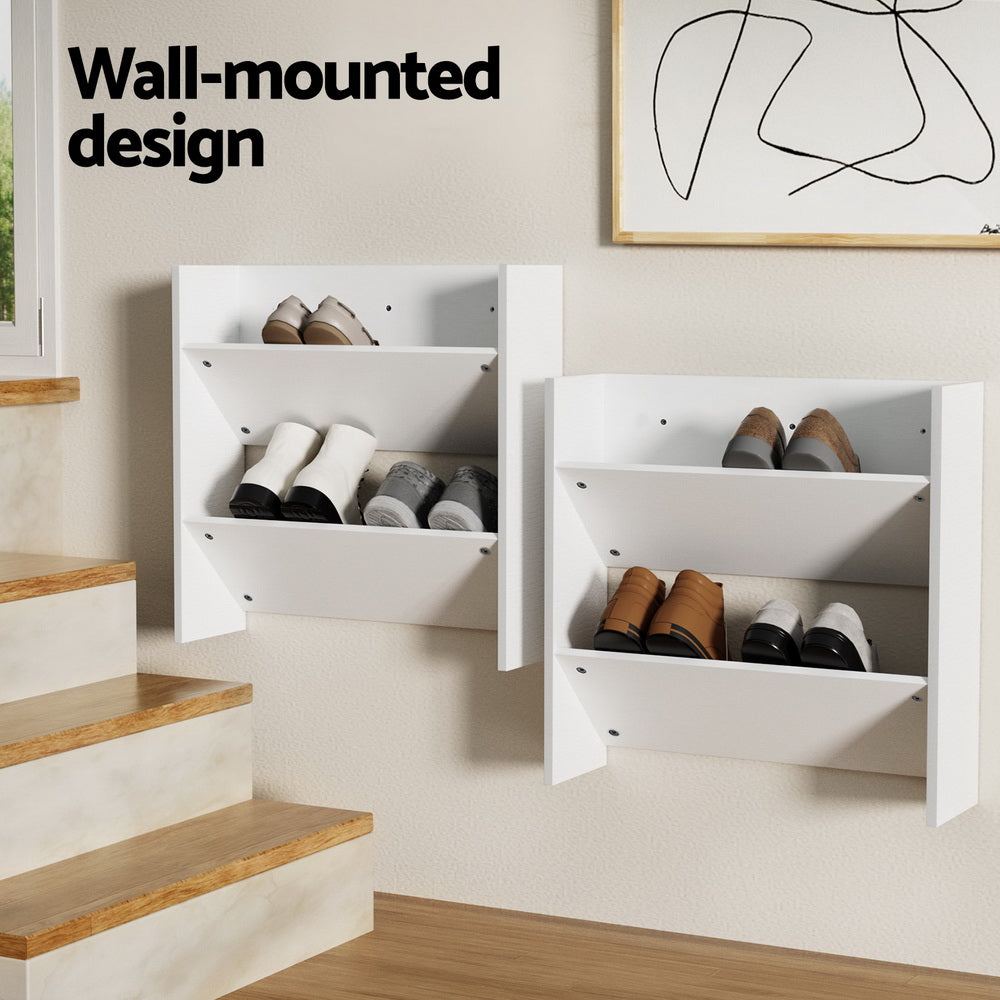 Set of 2 Shoe Rack 2-tier 12 Pairs Wall Mounted - White
