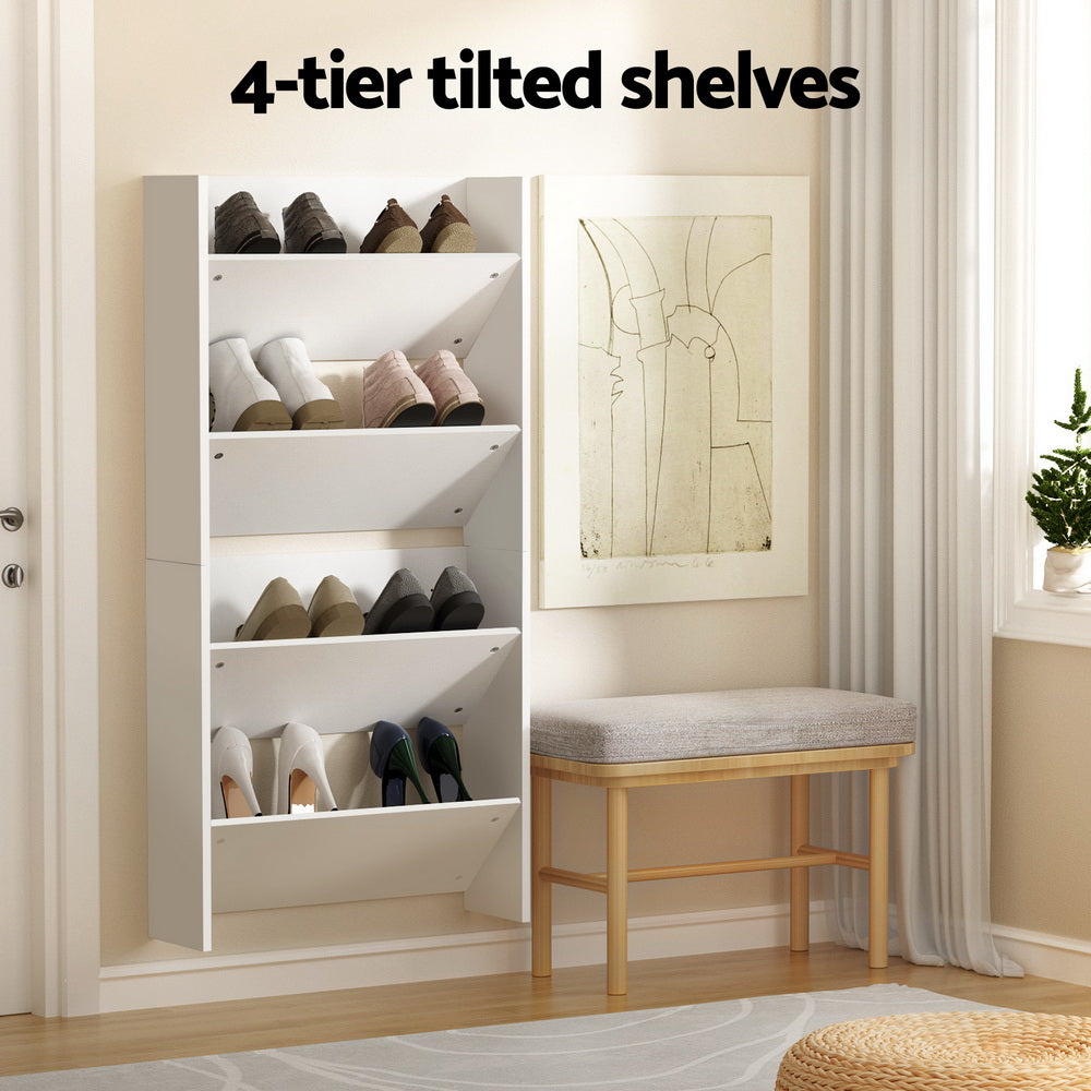 Set of 2 Shoe Rack 2-tier 12 Pairs Wall Mounted - White