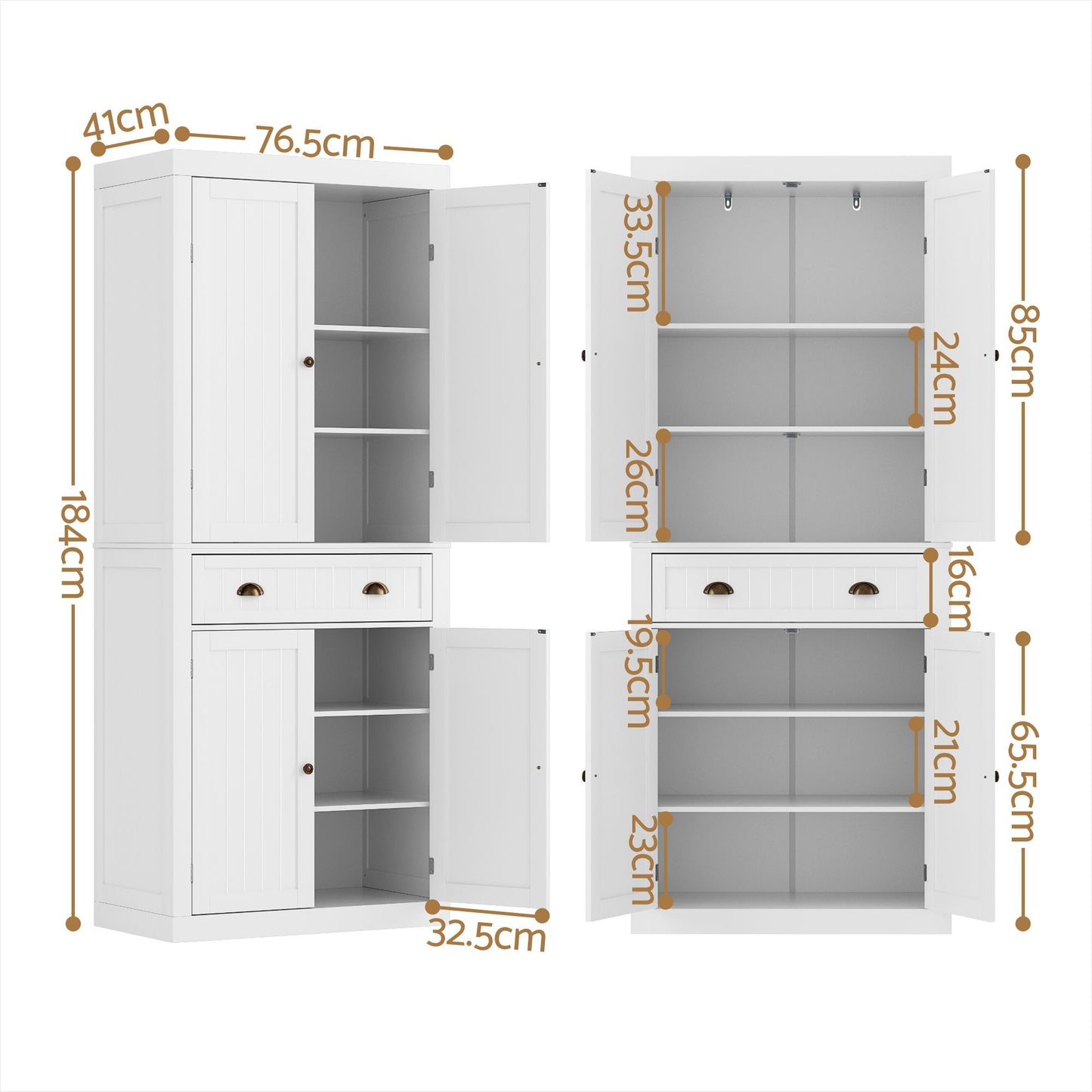 Set of 2 Aidan Buffet Sideboard Cabinet 6-Tier Storage Pantry Cupboard Drawer - White