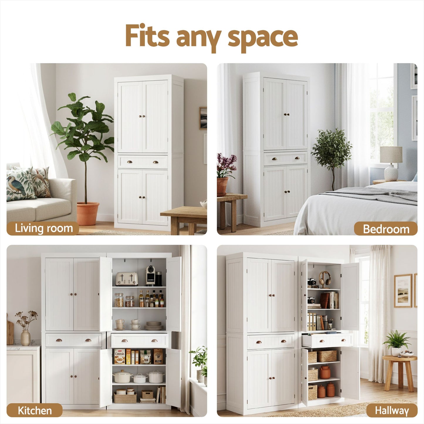 Set of 2 Aidan Buffet Sideboard Cabinet 6-Tier Storage Pantry Cupboard Drawer - White