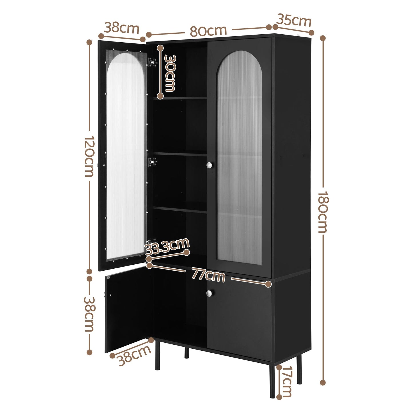 Set of 2 Daniel Buffet Sideboard Cabinet Pantry 5-Tier Storage Cupboard Fluted - Black