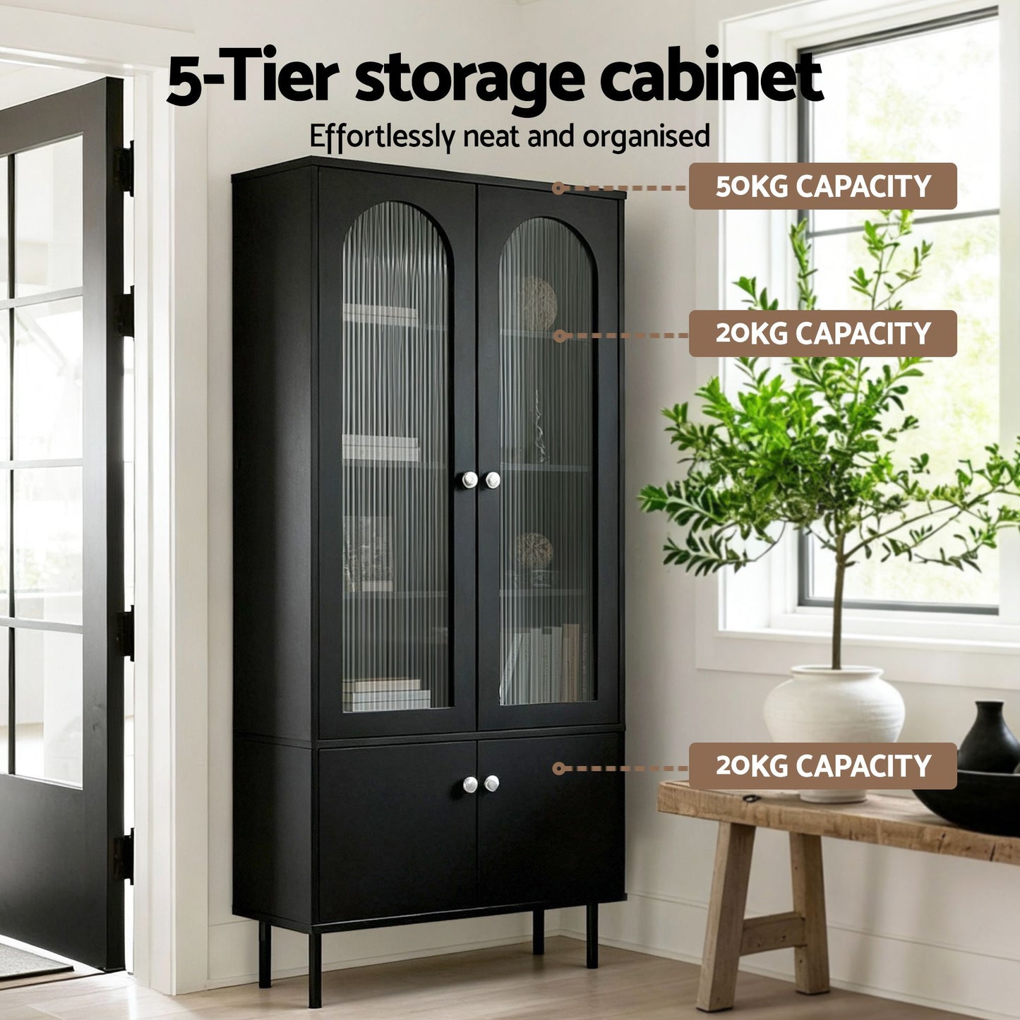 Set of 2 Daniel Buffet Sideboard Cabinet Pantry 5-Tier Storage Cupboard Fluted - Black