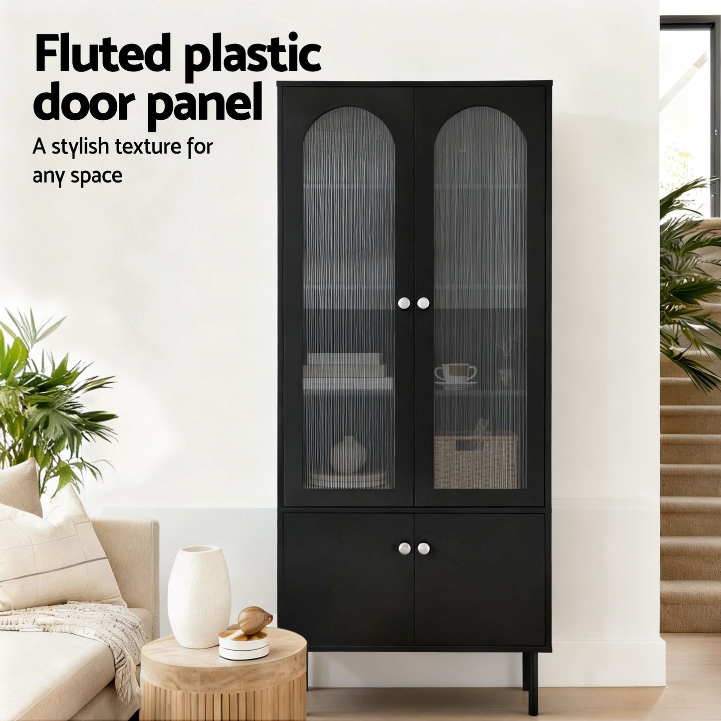 Set of 2 Daniel Buffet Sideboard Cabinet Pantry 5-Tier Storage Cupboard Fluted - Black