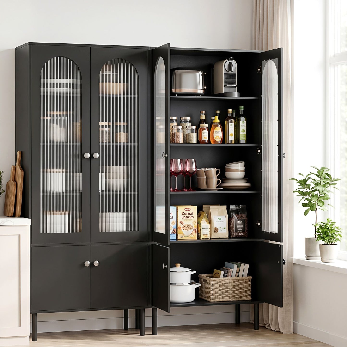 Set of 2 Daniel Buffet Sideboard Cabinet Pantry 5-Tier Storage Cupboard Fluted - Black
