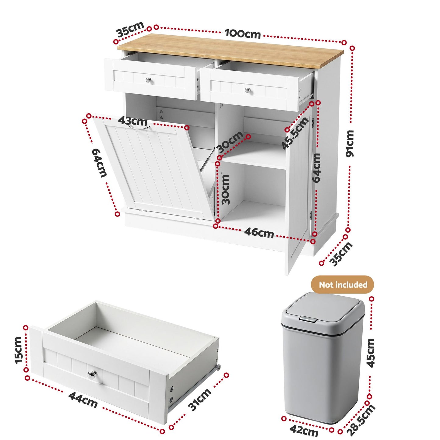 Orson Buffet Sideboard Cabinet Kitchen Tilt Out Bin Holder Storage Cupboard - White