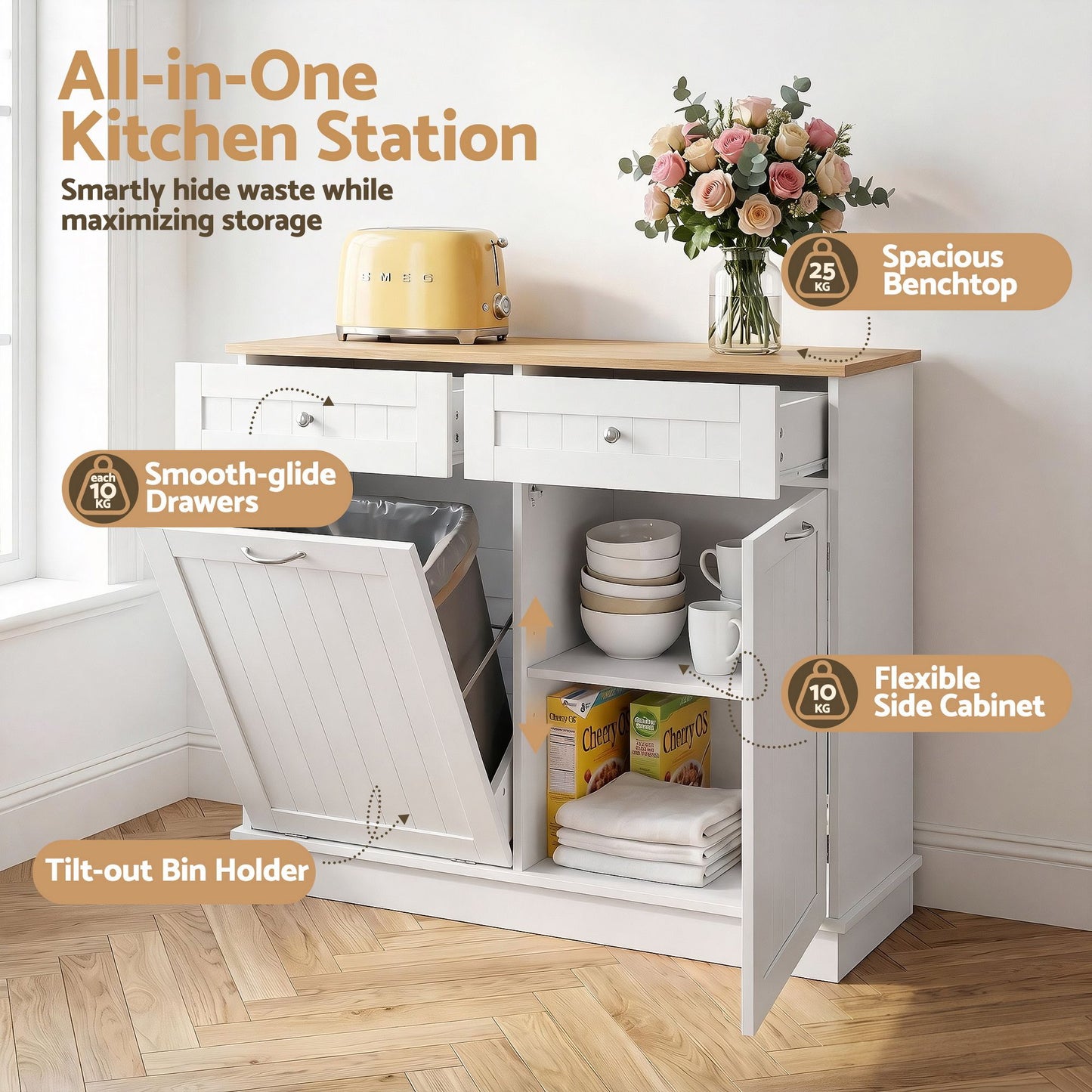 Orson Buffet Sideboard Cabinet Kitchen Tilt Out Bin Holder Storage Cupboard - White