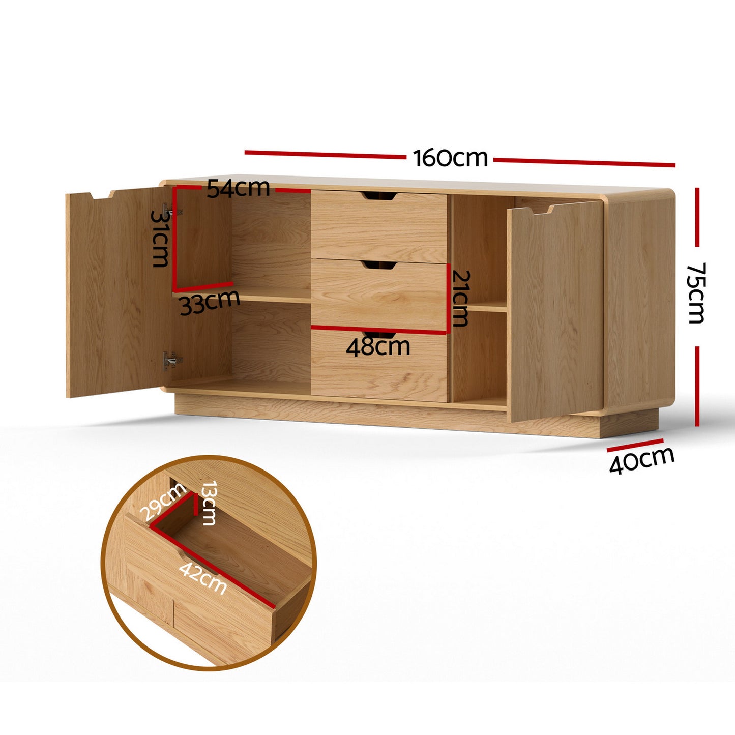Reeve Buffet Sideboard Cabinet Storage Kitchen Cupboard Drawers Round Edge - Oak