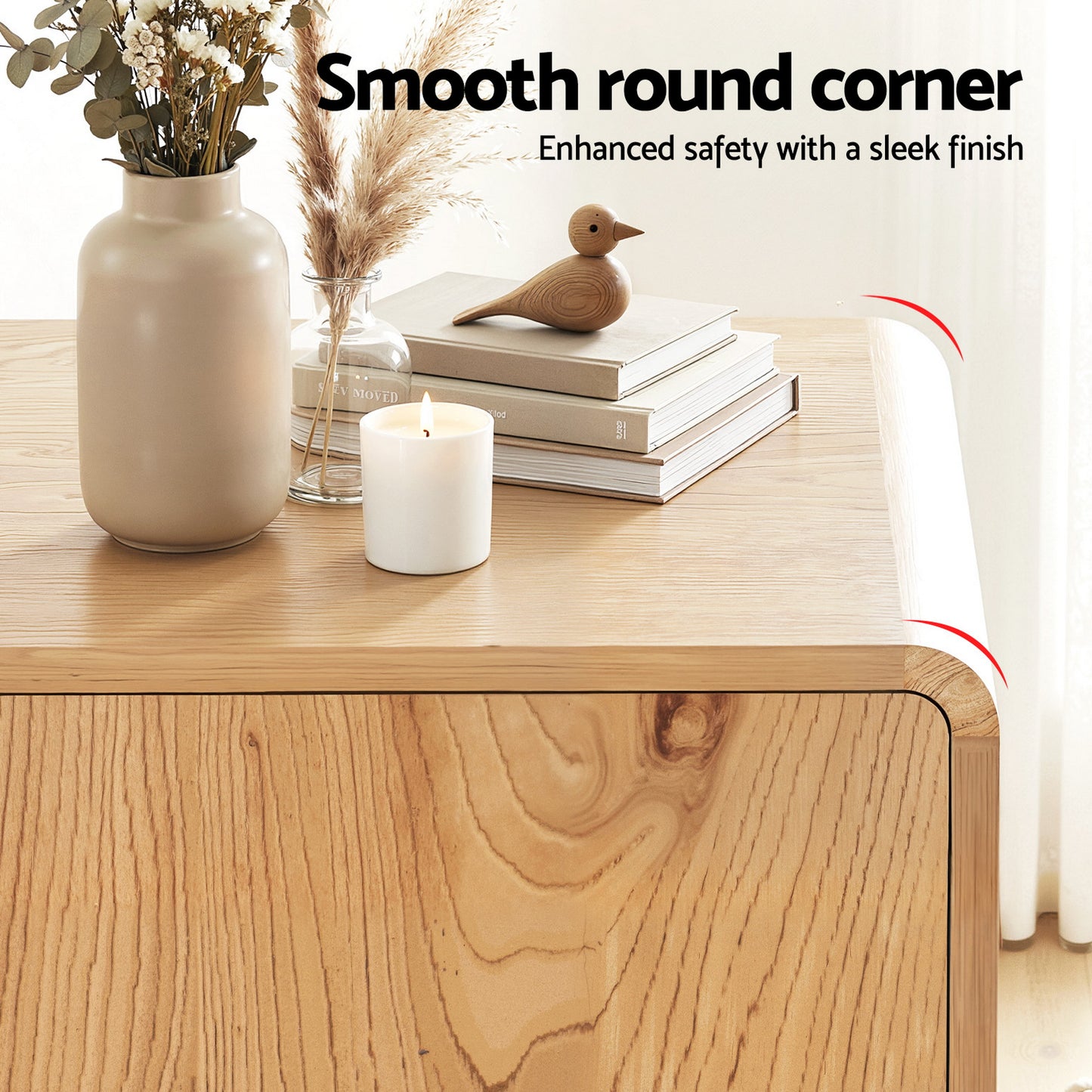 Reeve Buffet Sideboard Cabinet Storage Kitchen Cupboard Drawers Round Edge - Oak