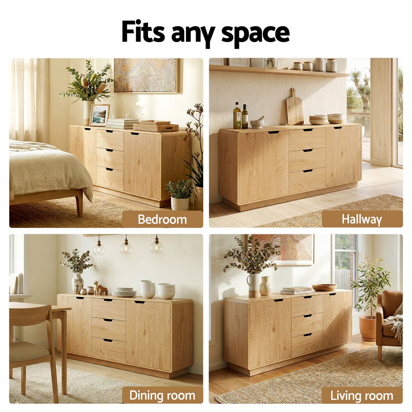 Reeve Buffet Sideboard Cabinet Storage Kitchen Cupboard Drawers Round Edge - Oak