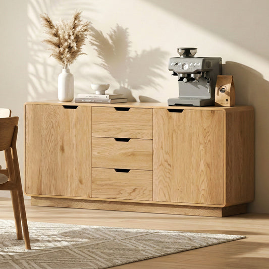 Reeve Buffet Sideboard Cabinet Storage Kitchen Cupboard Drawers Round Edge - Oak