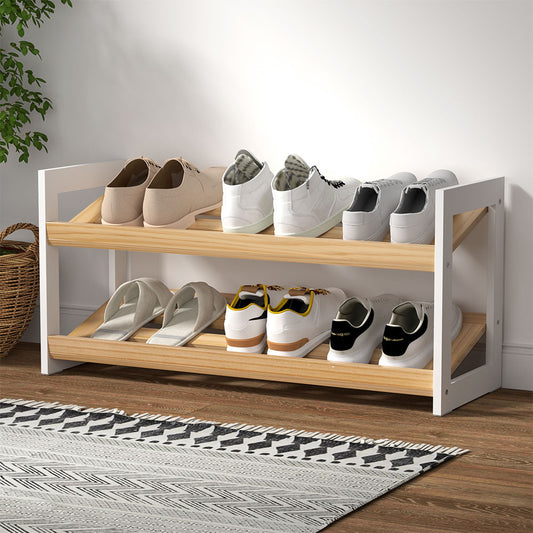 Shoe Rack Wooden Storage 2 Tier Tilted Shelves Stand Organizer