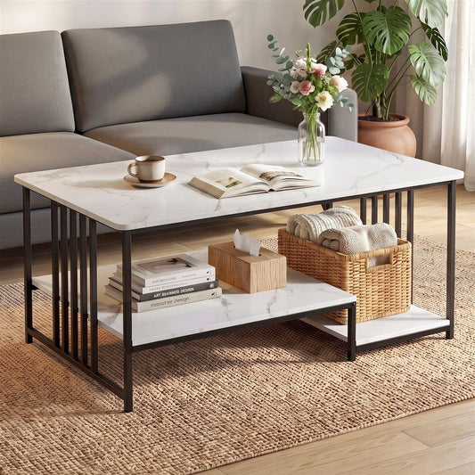 Iophon Coffee Table 100cm Faux Marble Finish Center Table 2-Tier Storage - White & Black