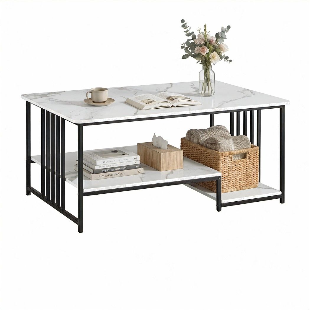 Iophon Coffee Table 100cm Faux Marble Finish Center Table 2-Tier Storage - White & Black