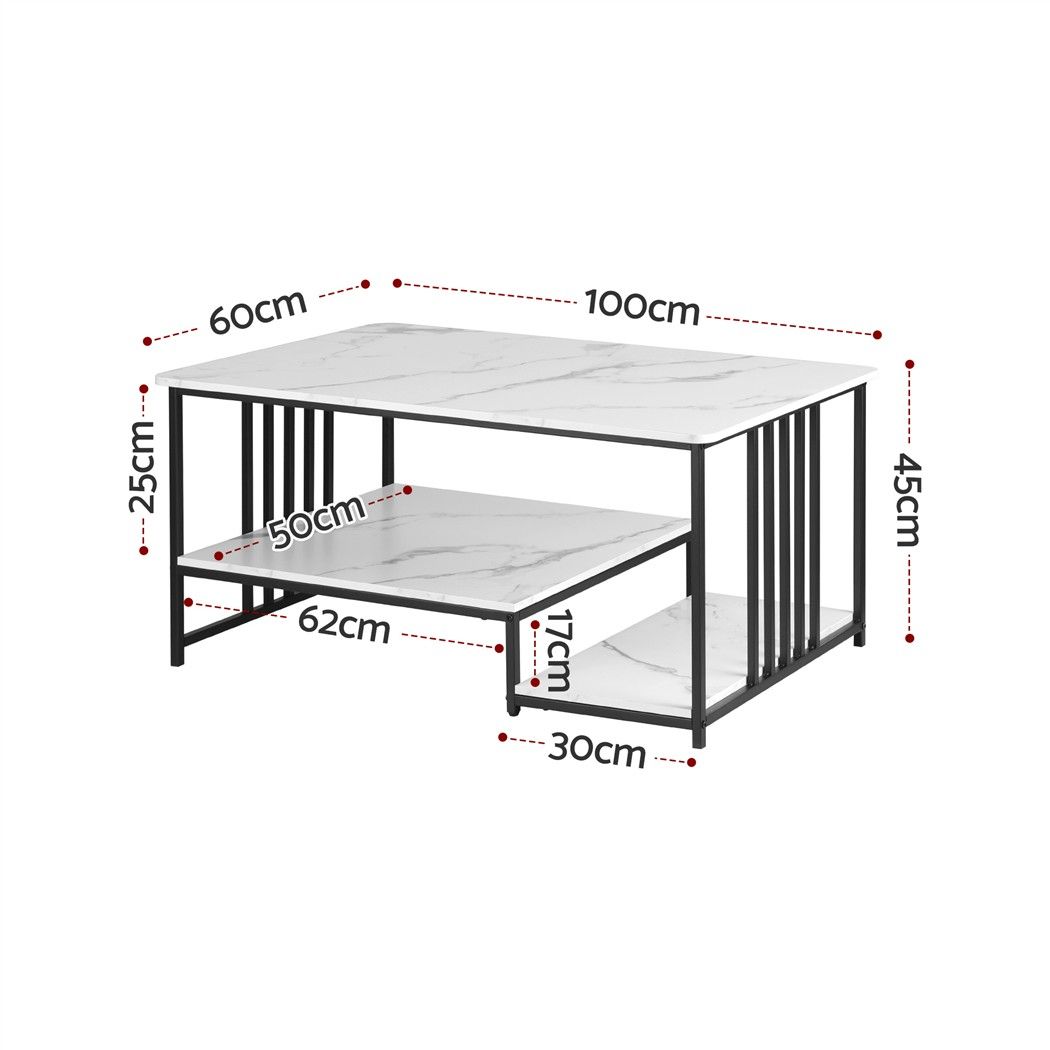 Iophon Coffee Table 100cm Faux Marble Finish Center Table 2-Tier Storage - White & Black