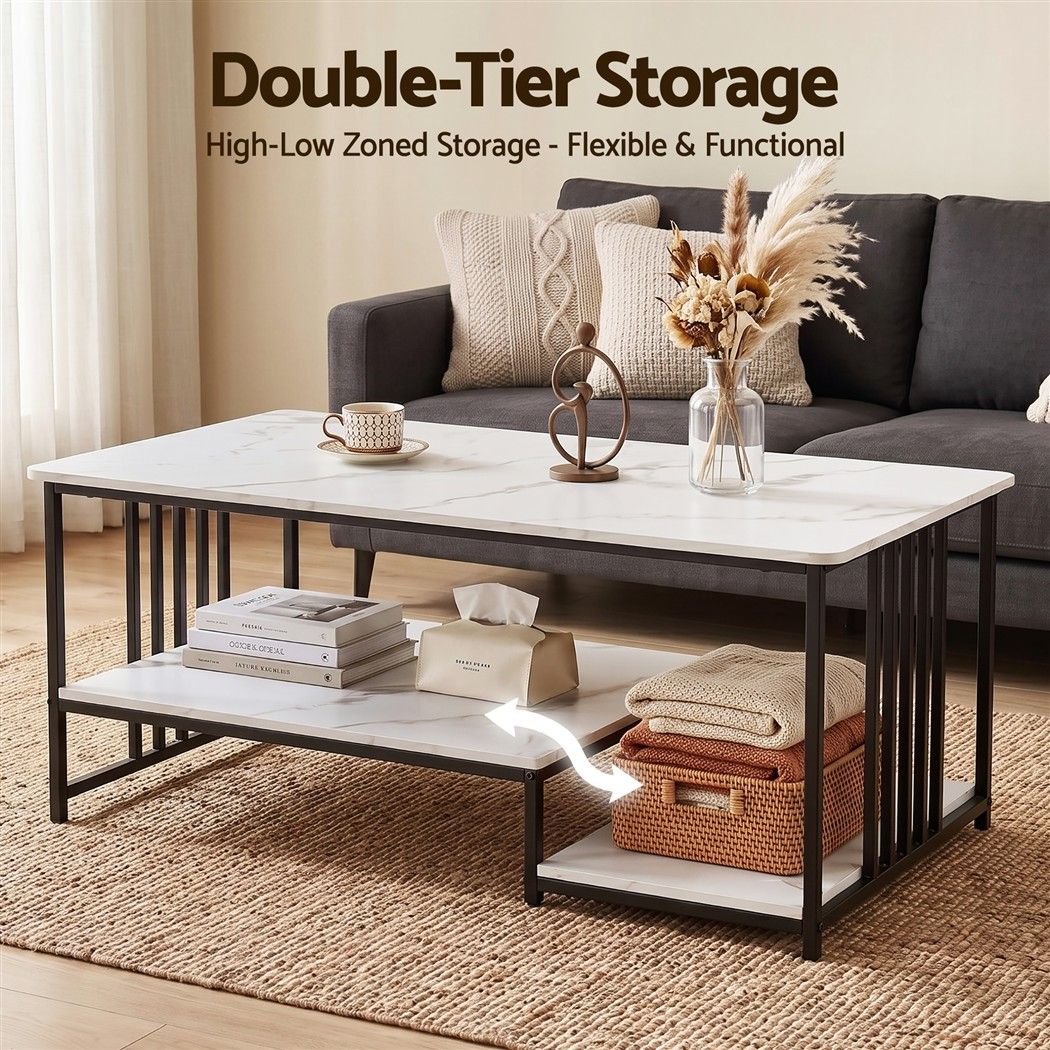 Iophon Coffee Table 100cm Faux Marble Finish Center Table 2-Tier Storage - White & Black