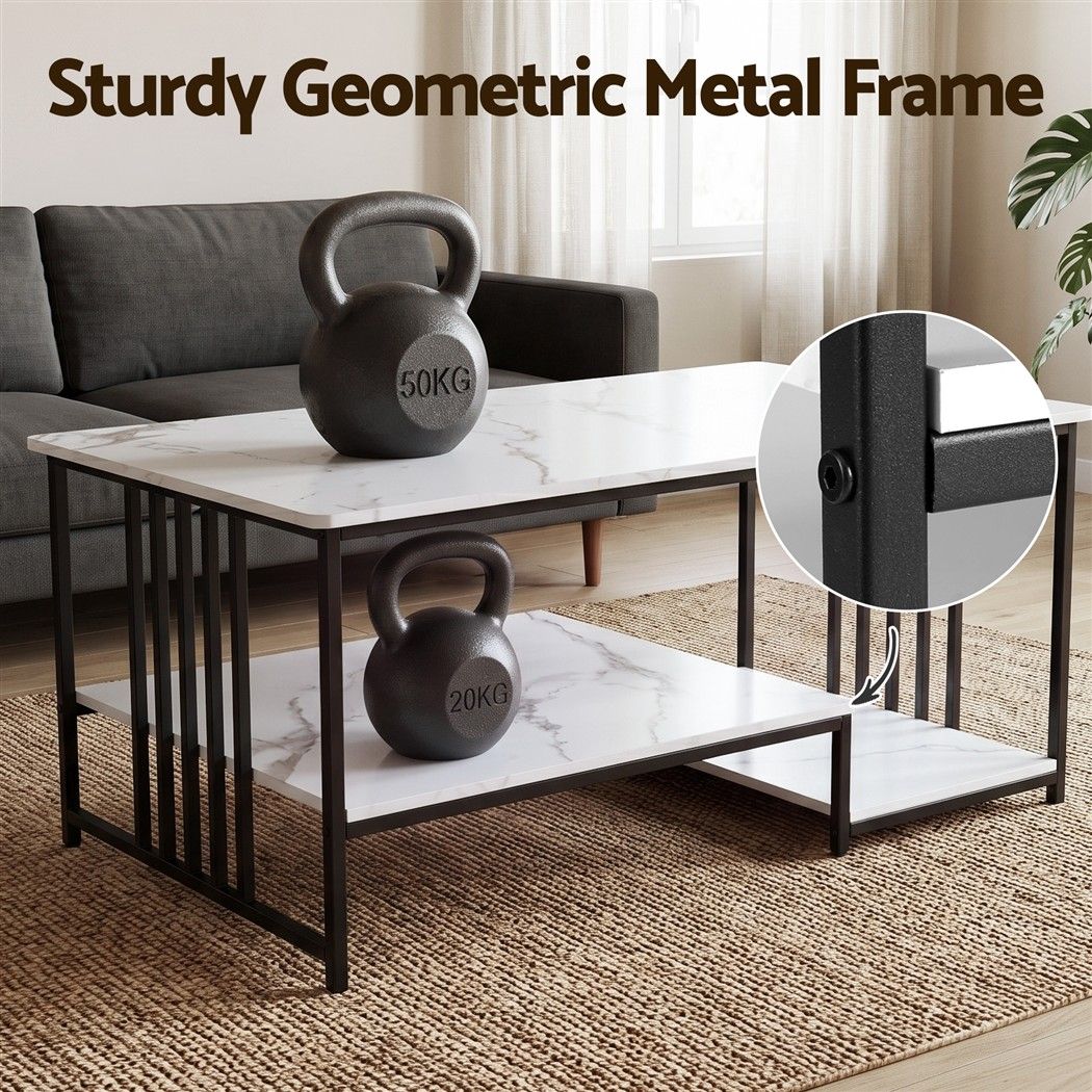 Iophon Coffee Table 100cm Faux Marble Finish Center Table 2-Tier Storage - White & Black