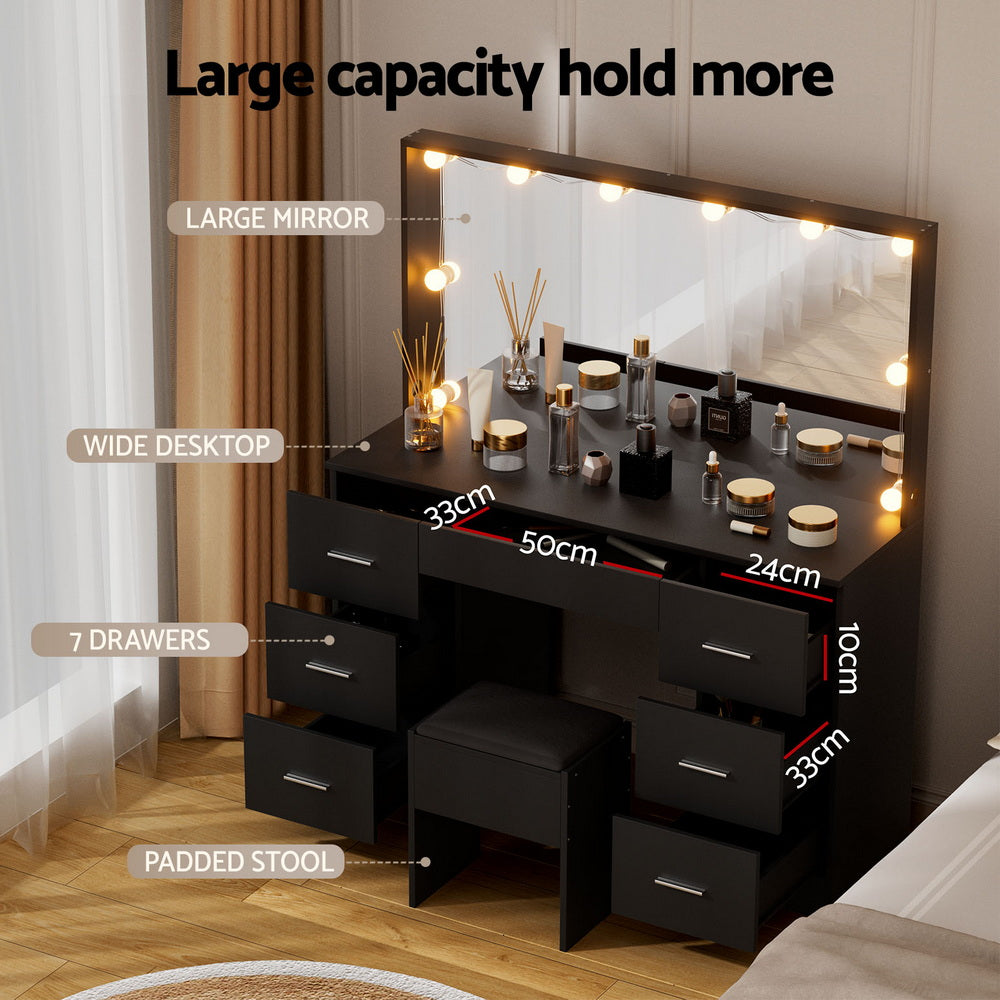 Dressing Table Set Stool 10 LED Bulbs - Black