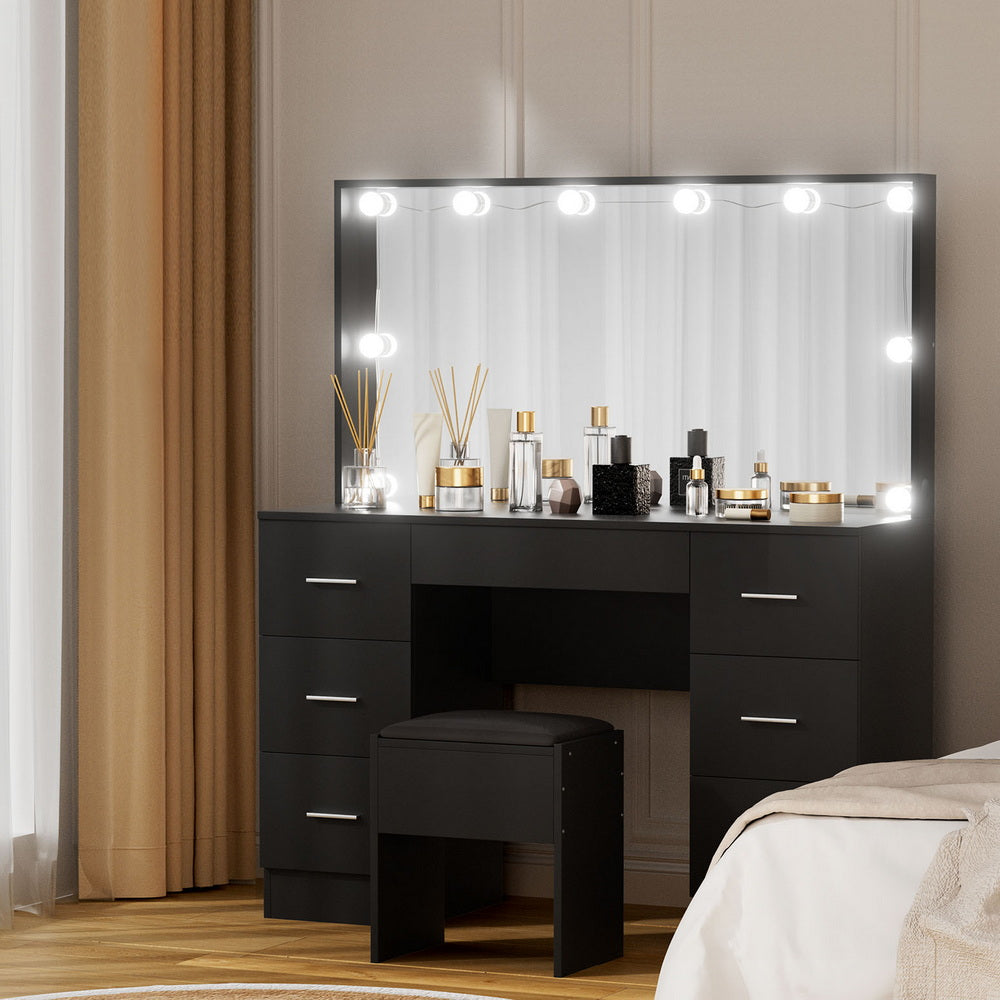 Dressing Table Set Stool 10 LED Bulbs - Black