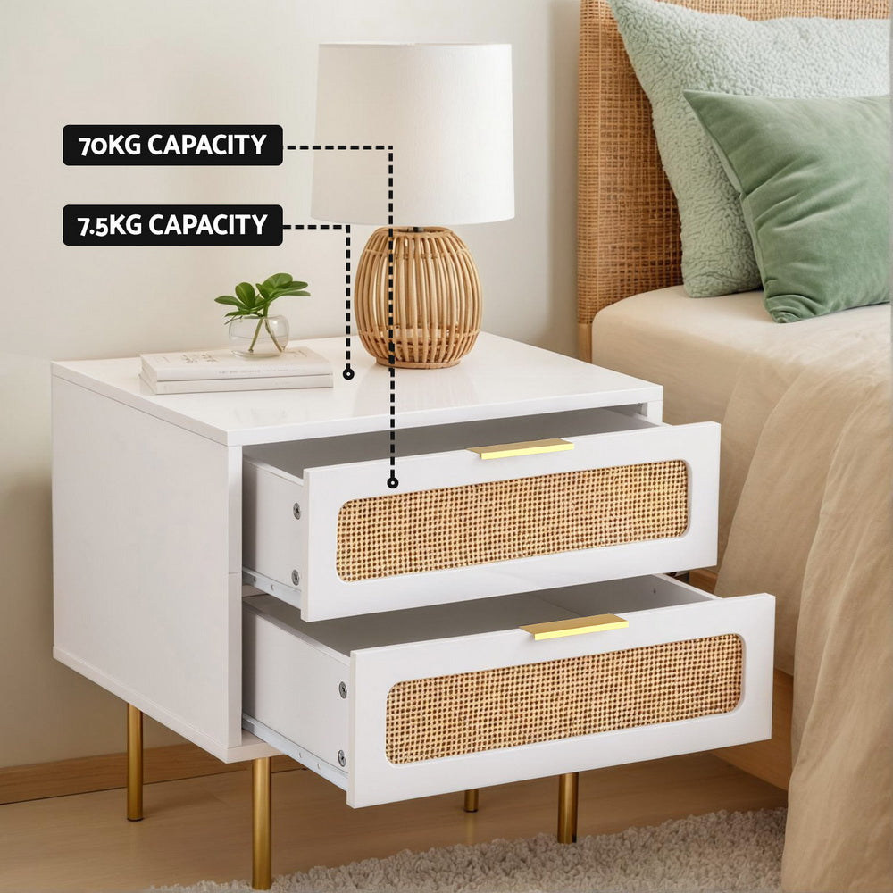 Svale Bedside Tables Rattan with 2 Drawers - Pine
