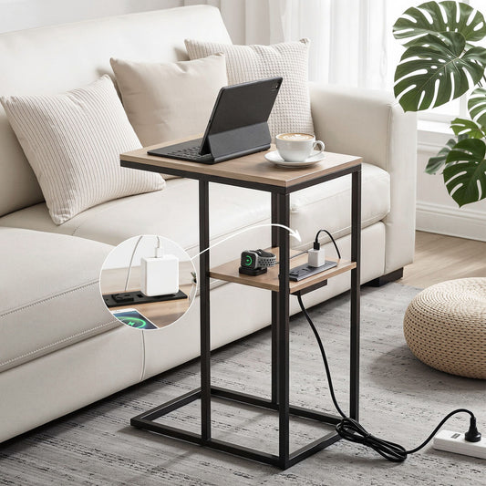 Ignatios C-Shaped End Table Charging Station 2-Tier Side Coffee Table Bedside Wood