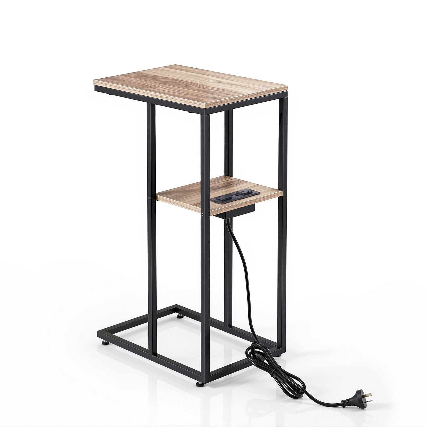 Ignatios C-Shaped End Table Charging Station 2-Tier Side Coffee Table Bedside Wood