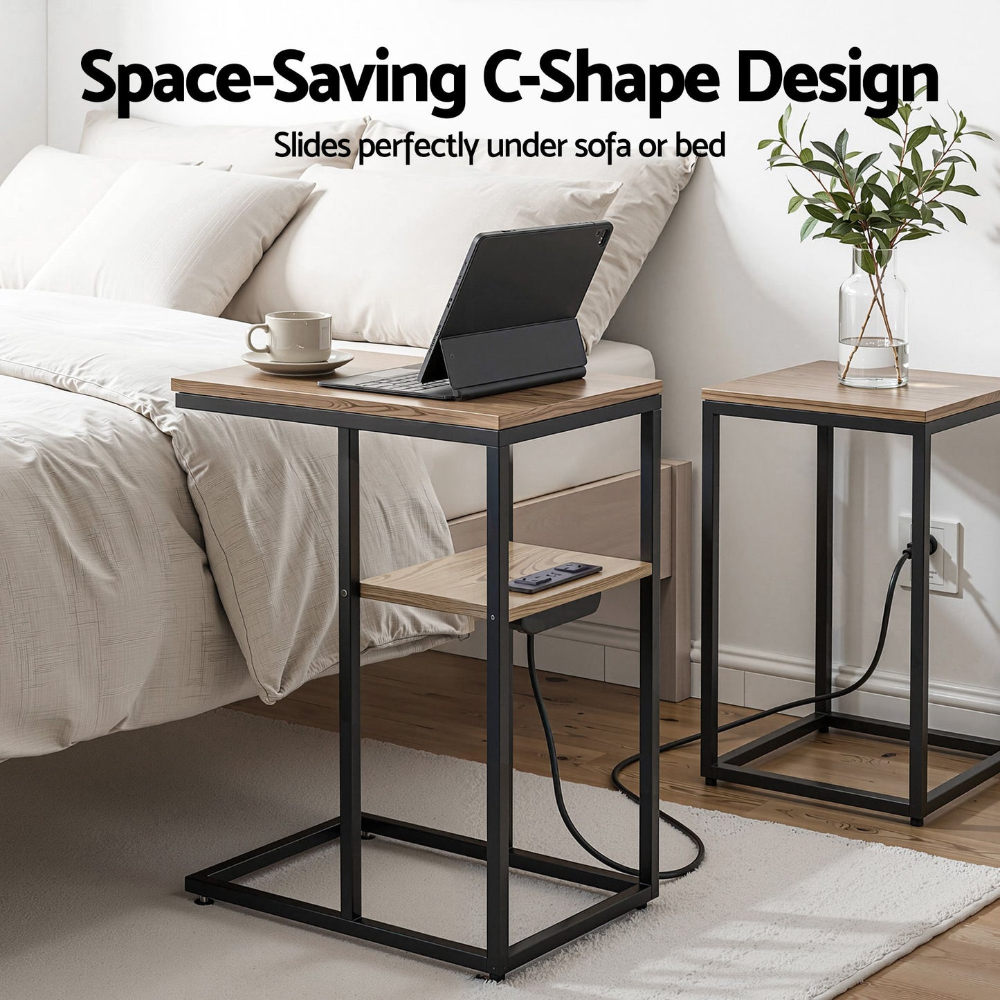 Ignatios C-Shaped End Table Charging Station 2-Tier Side Coffee Table Bedside Wood