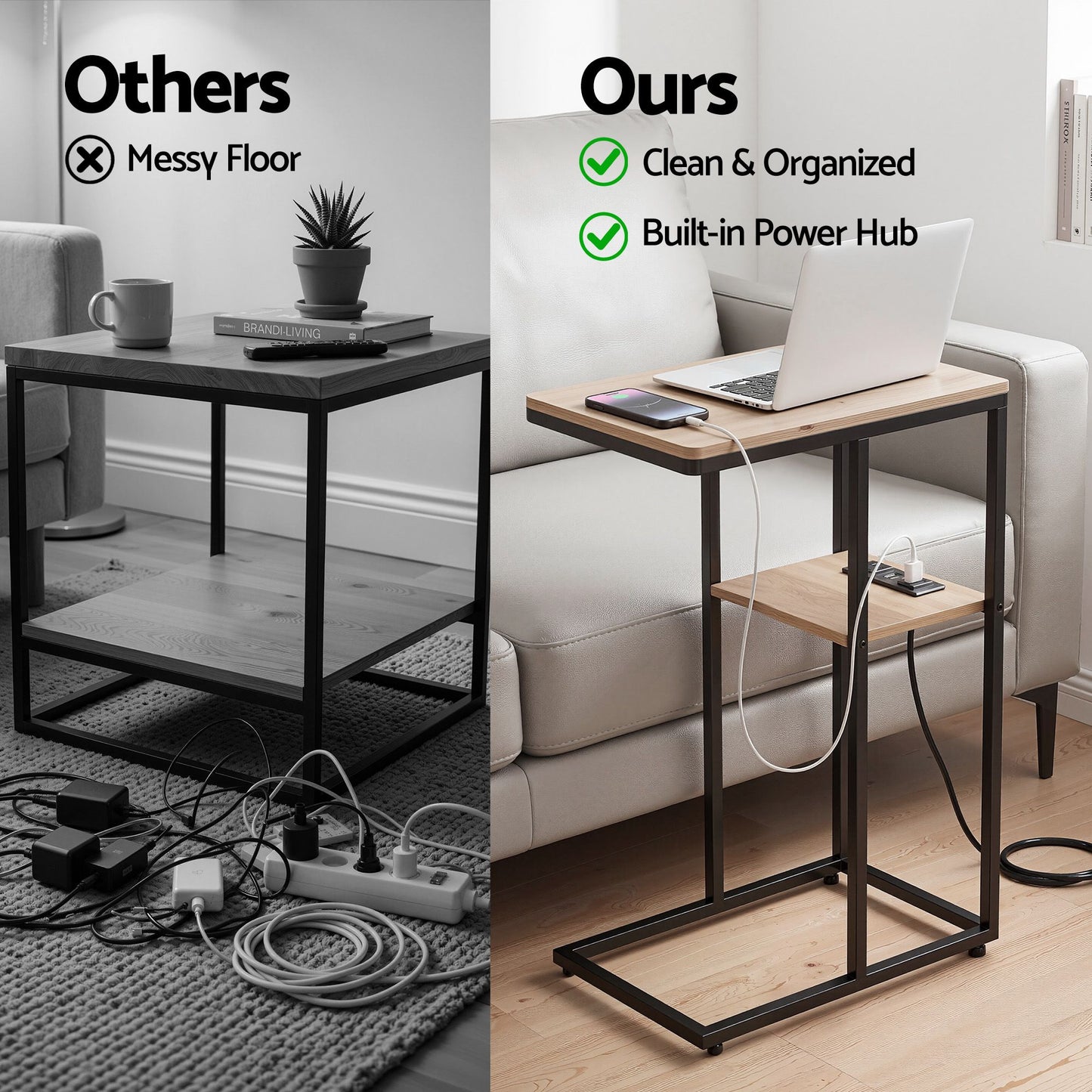 Ignatios C-Shaped End Table Charging Station 2-Tier Side Coffee Table Bedside Wood