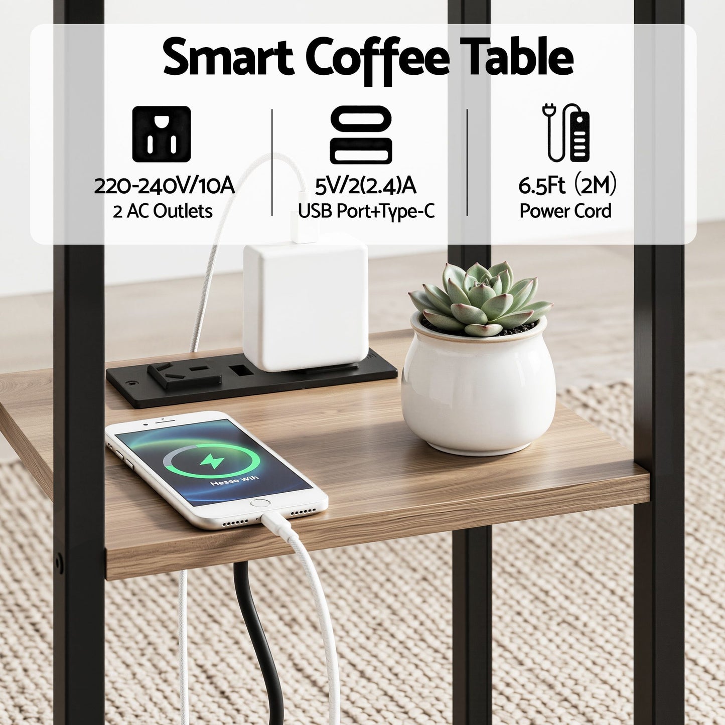 Ignatios C-Shaped End Table Charging Station 2-Tier Side Coffee Table Bedside Wood