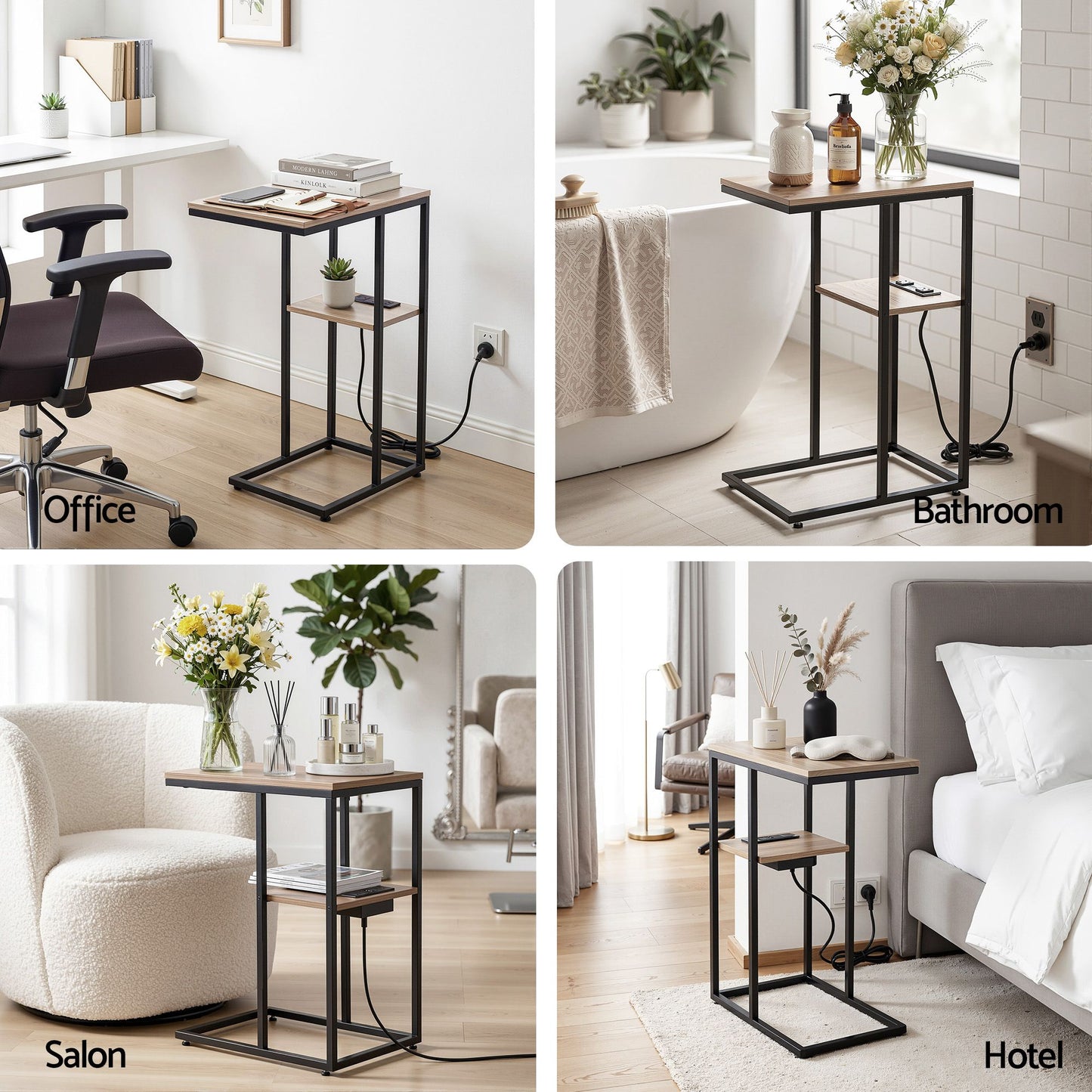 Ignatios C-Shaped End Table Charging Station 2-Tier Side Coffee Table Bedside Wood